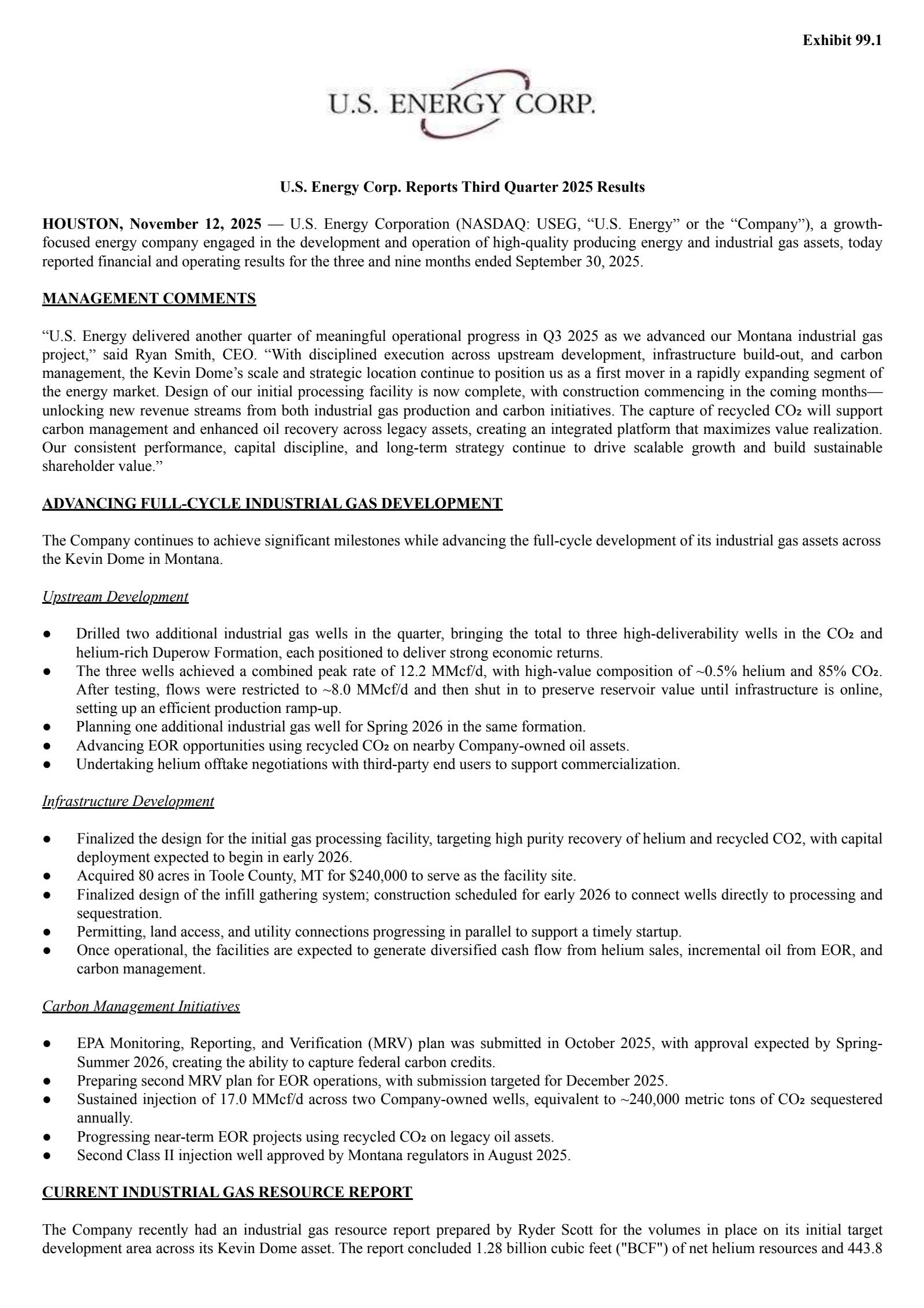 U.S. Energy's Q3 2025 Earnings Release