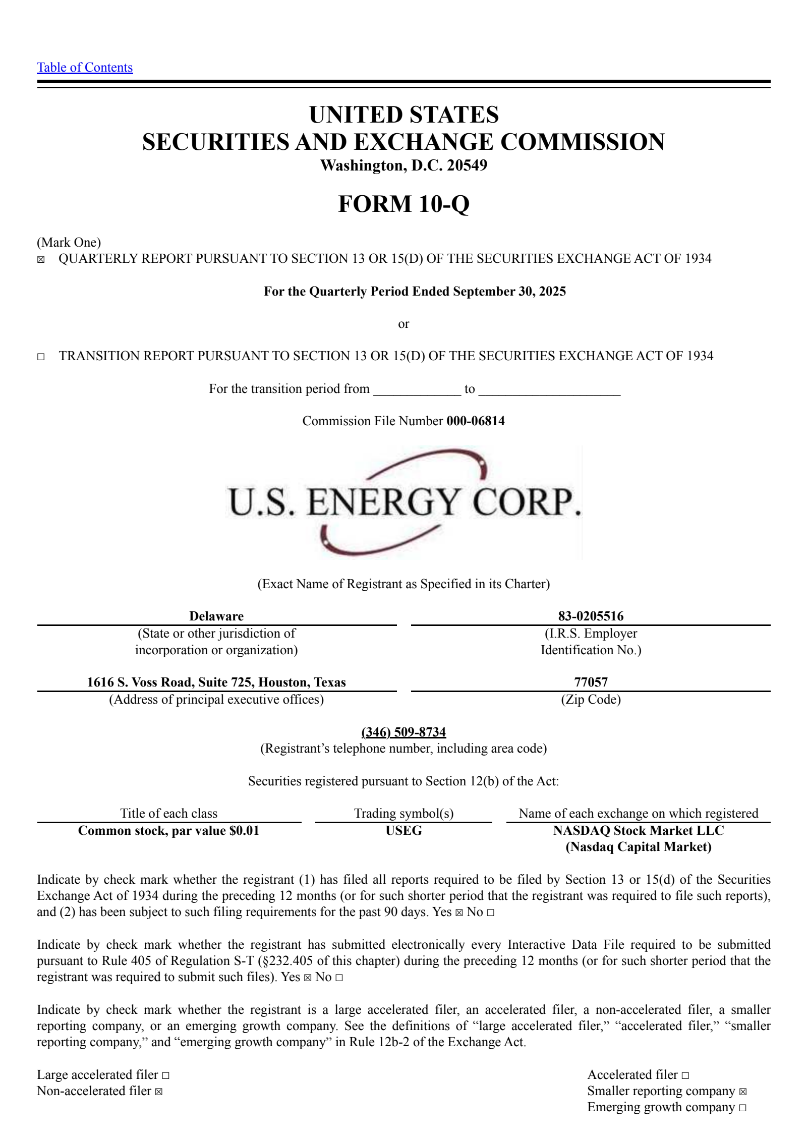 U.S. Energy's Q3 2025 Quarterly Report