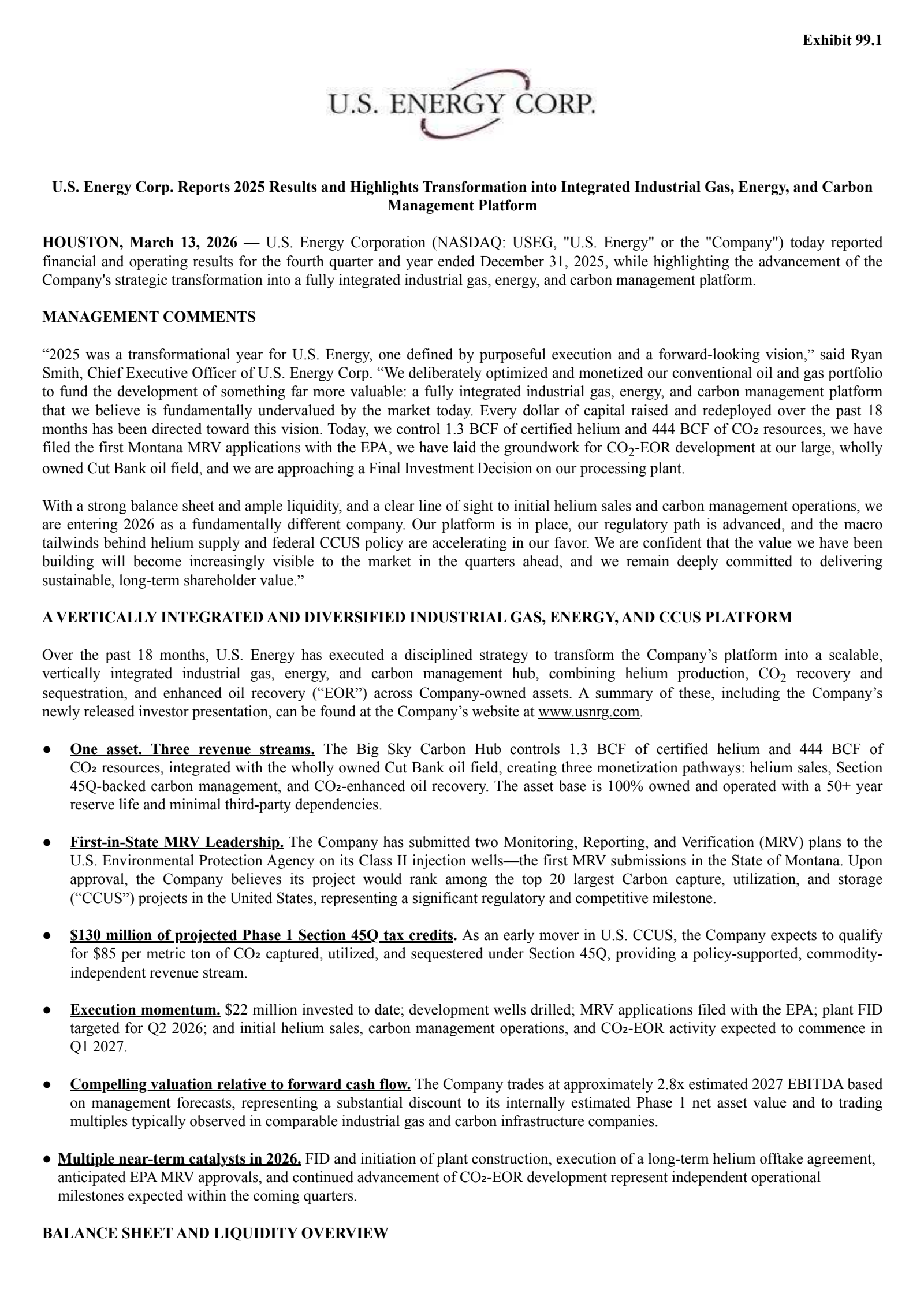 U.S. Energy's Q4 2025 Press Release