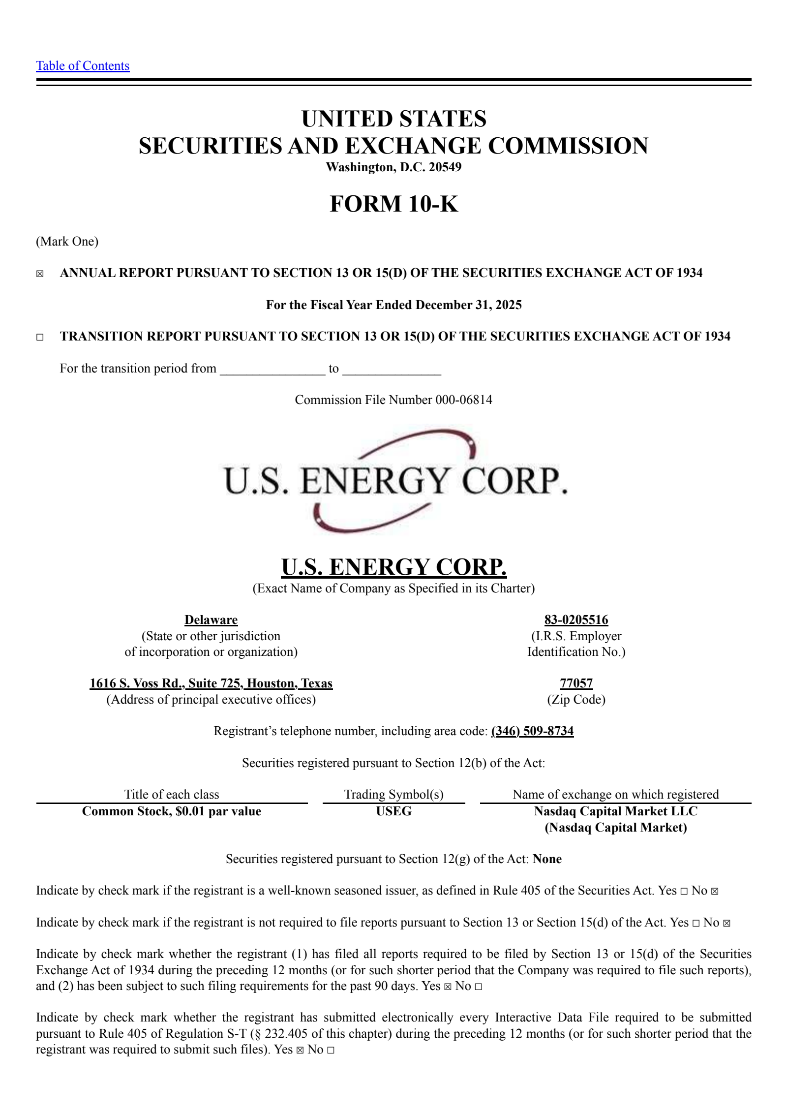 U.S. Energy's Q4 2025 Annual report