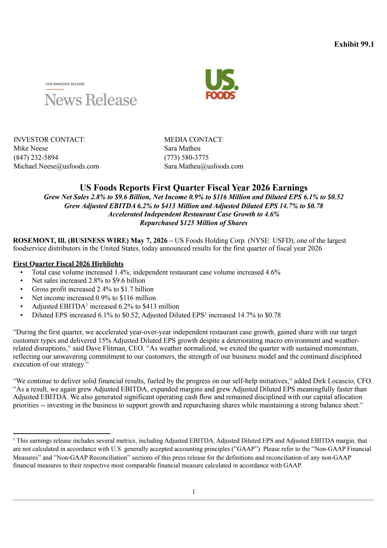 US Foods' Q1 2026 Press Release