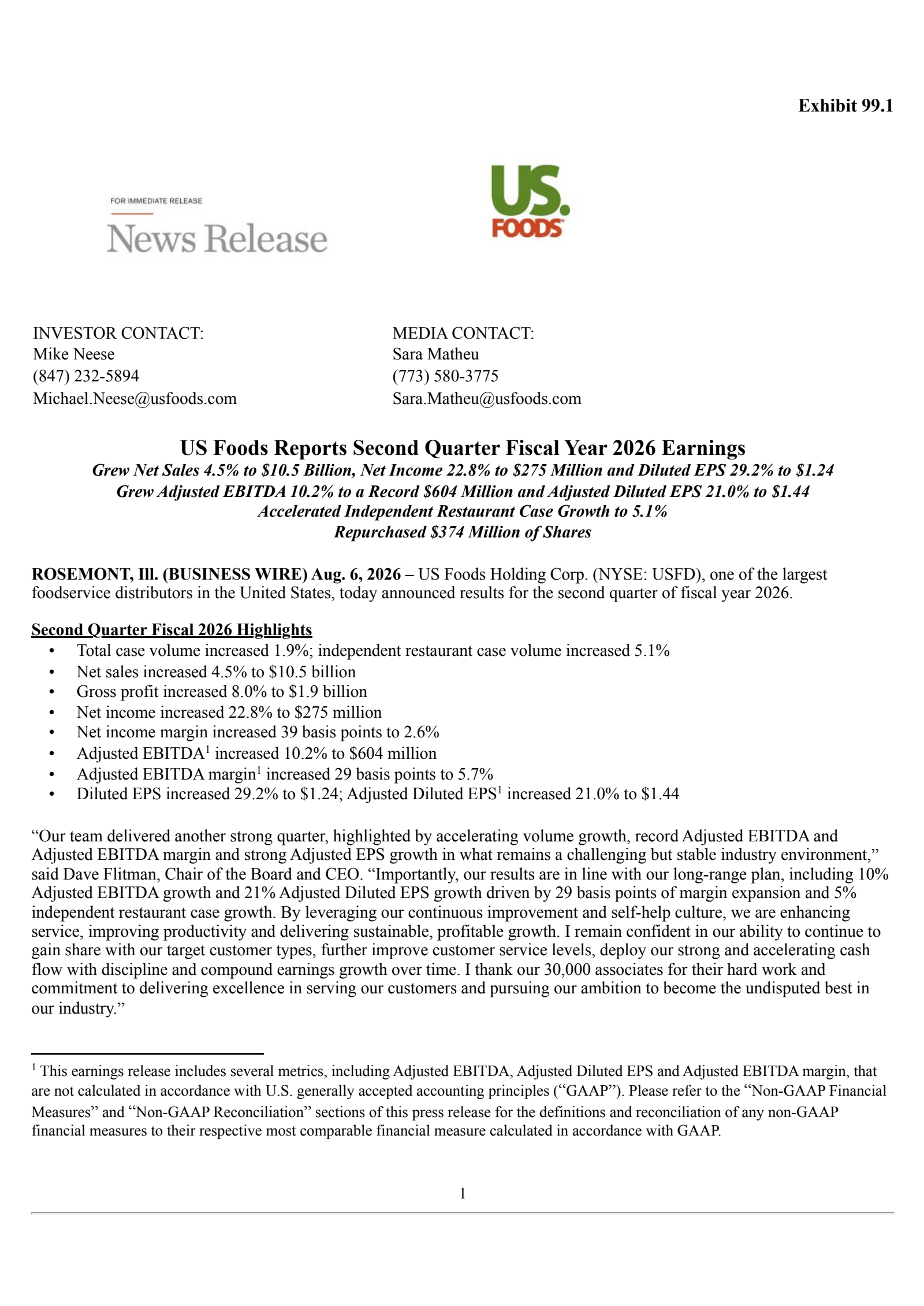US Foods' Q2 2026 Press Release