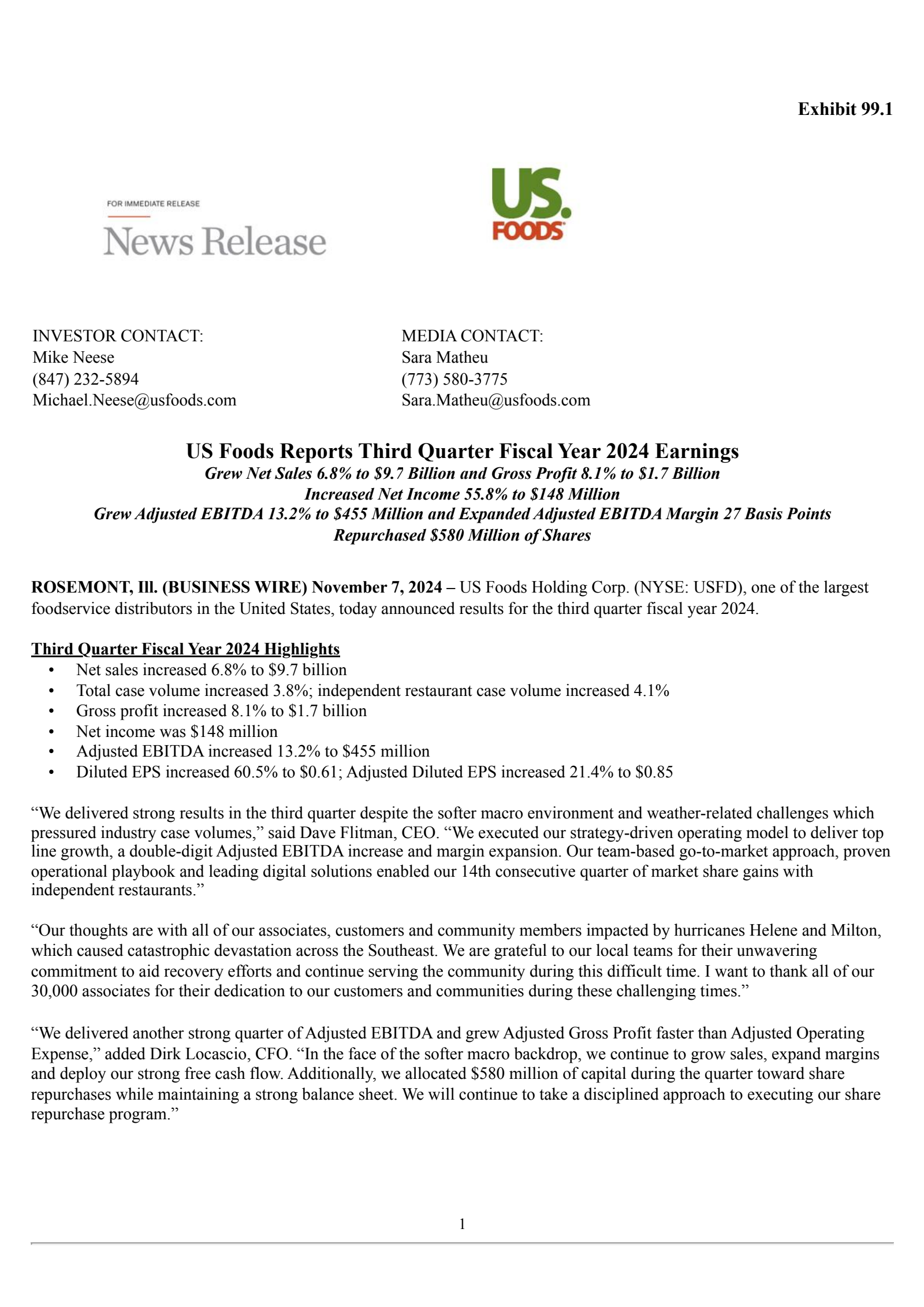 US Foods' Q3 2024 Press Release