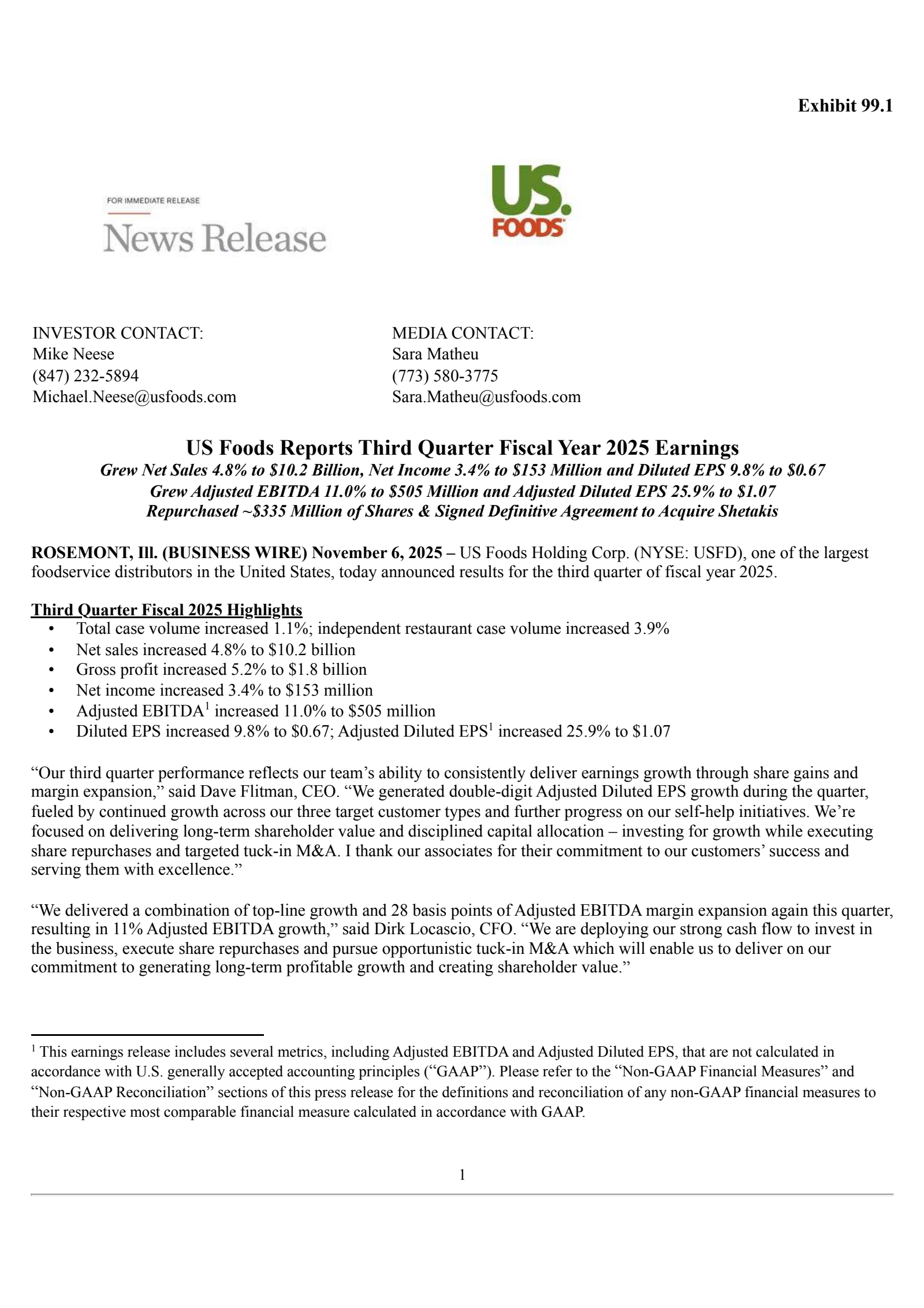 US Foods' Q3 2025 Earnings Release