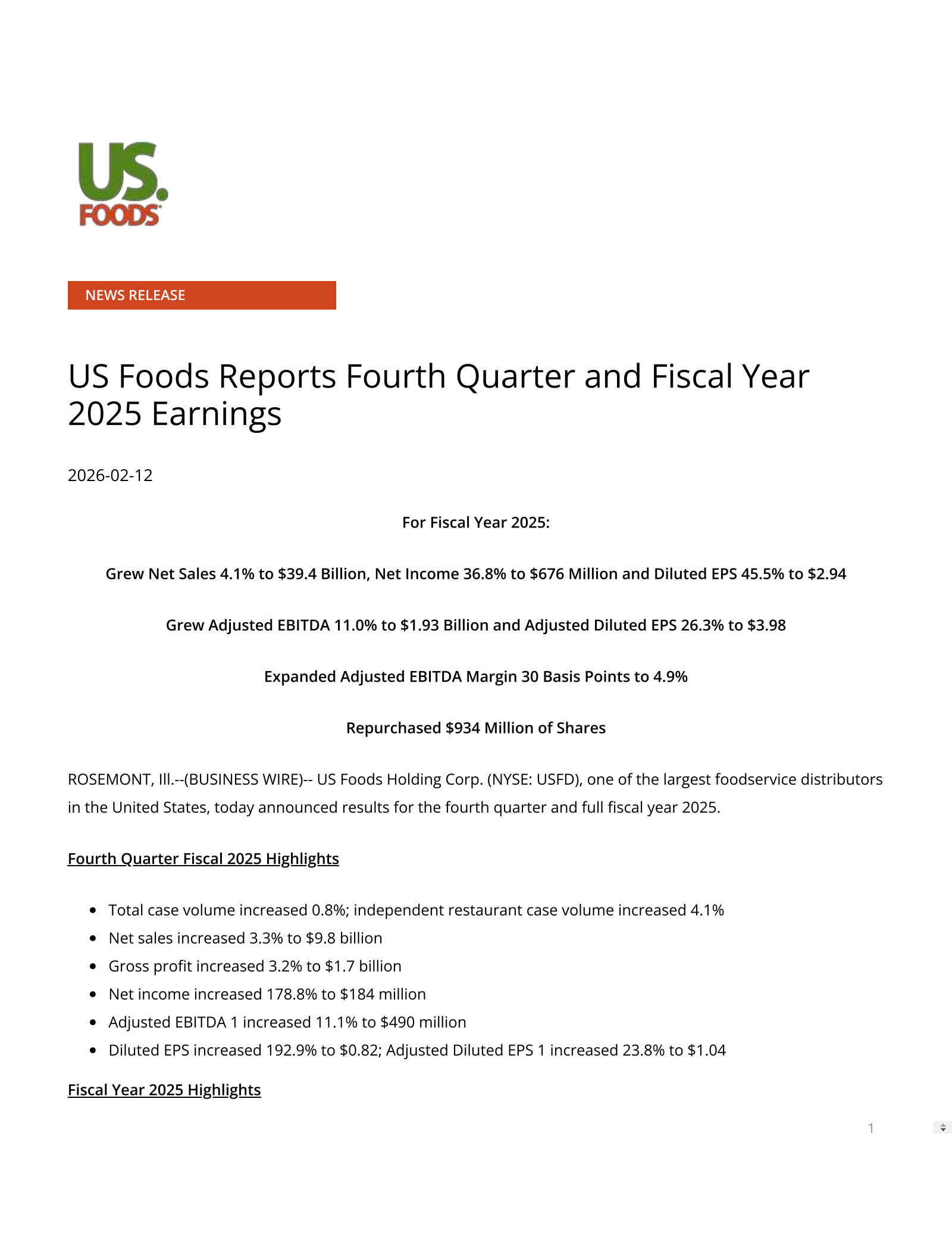 US Foods' Q4 2025 Press Release