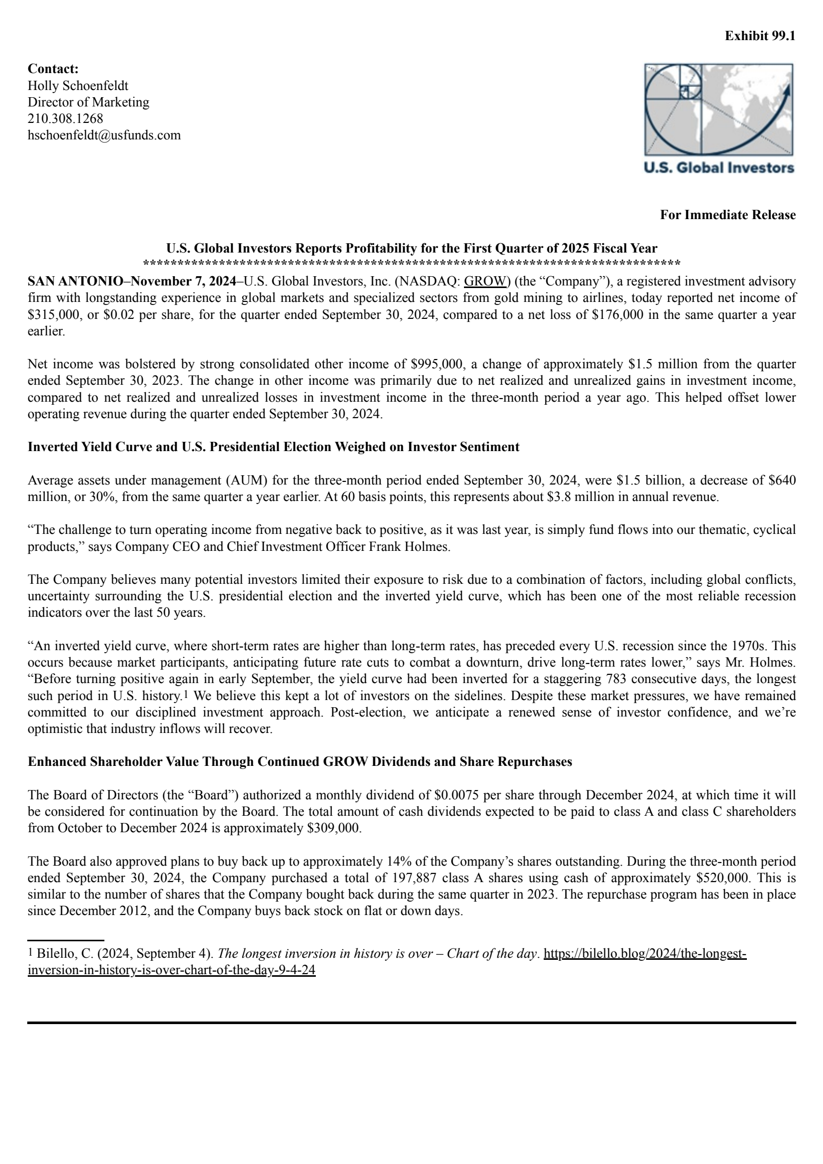 U.S. Global Investors' Q1 2025 Press Release