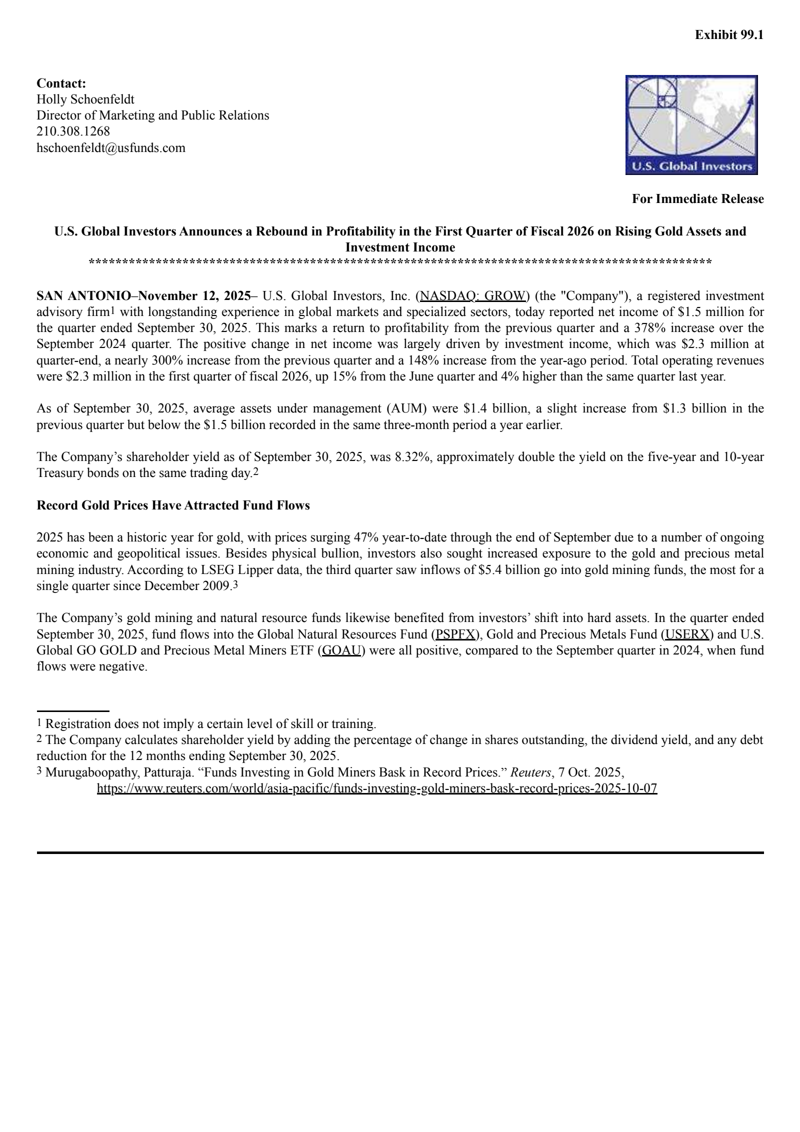 U.S. Global Investors' Q1 2026 Earnings Release