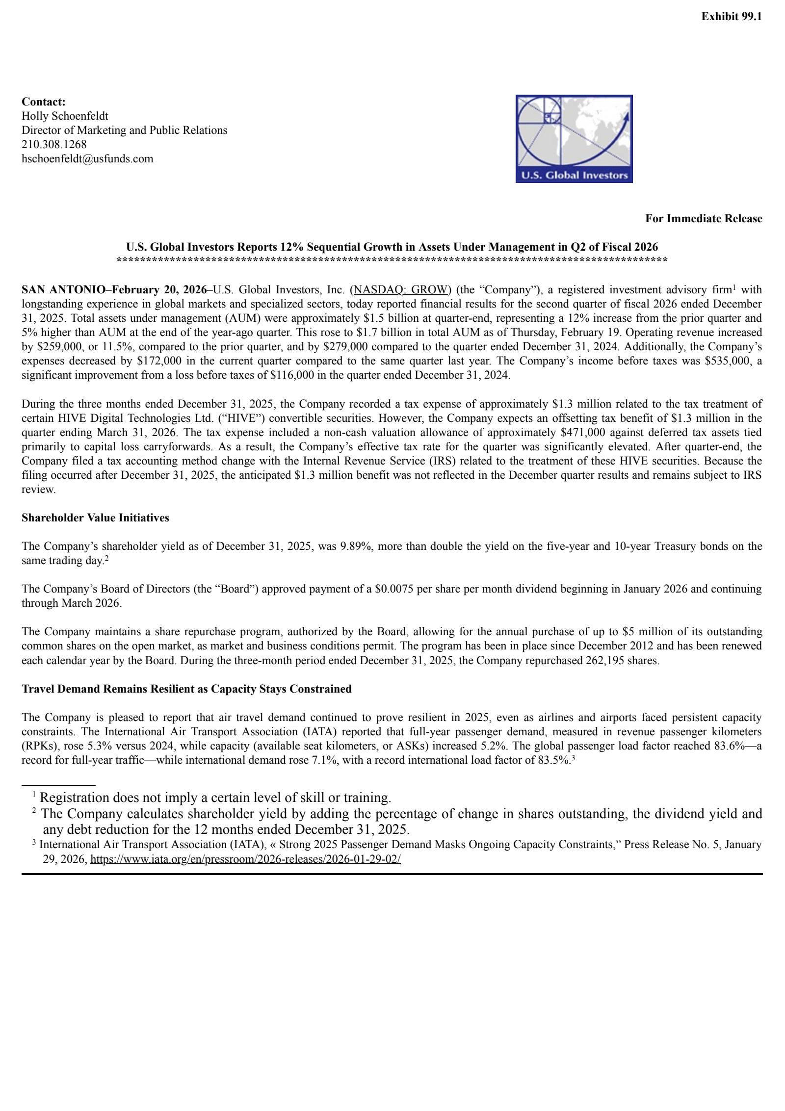 U.S. Global Investors' Q2 2026 Press Release