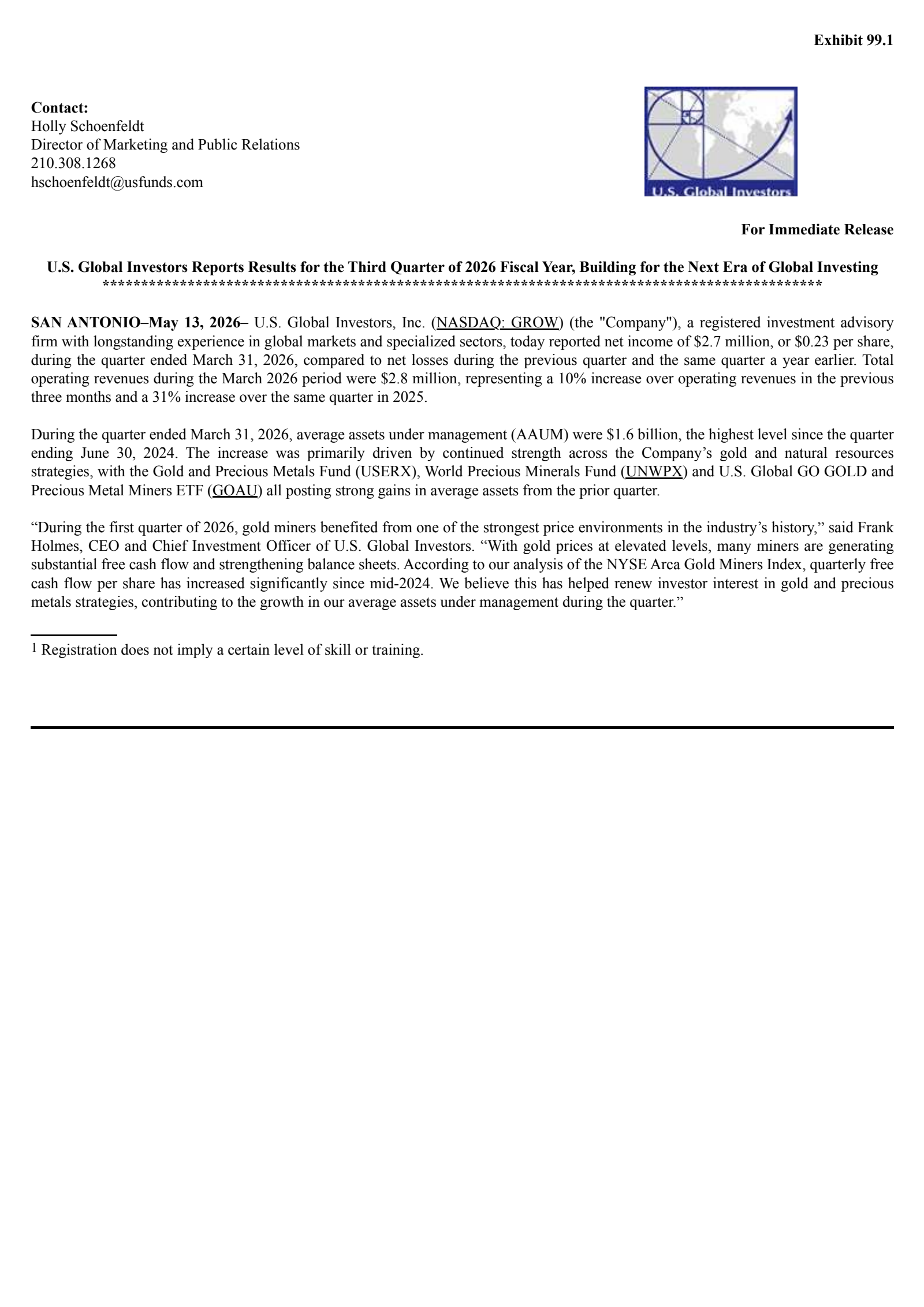 U.S. Global Investors' Q3 2026 Press Release