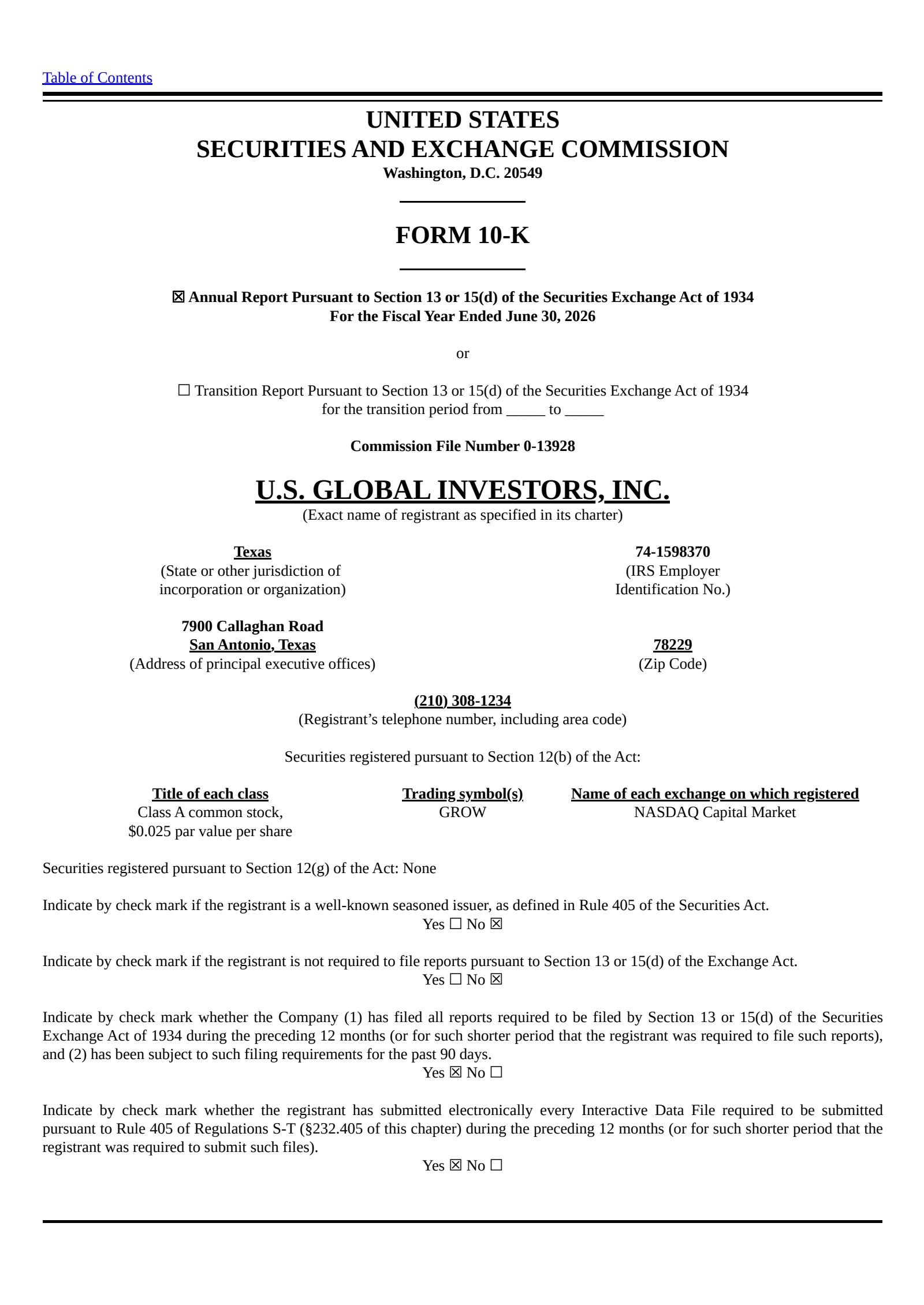 U.S. Global Investors' Q4 2026 Annual report