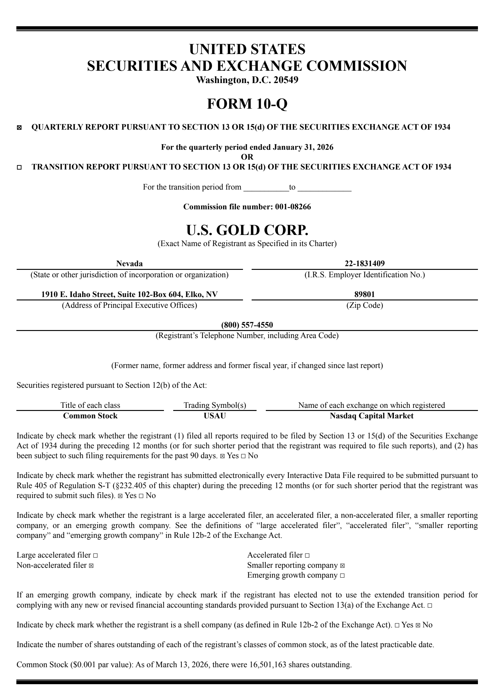 US Gold's Q3 2026 Quarterly report