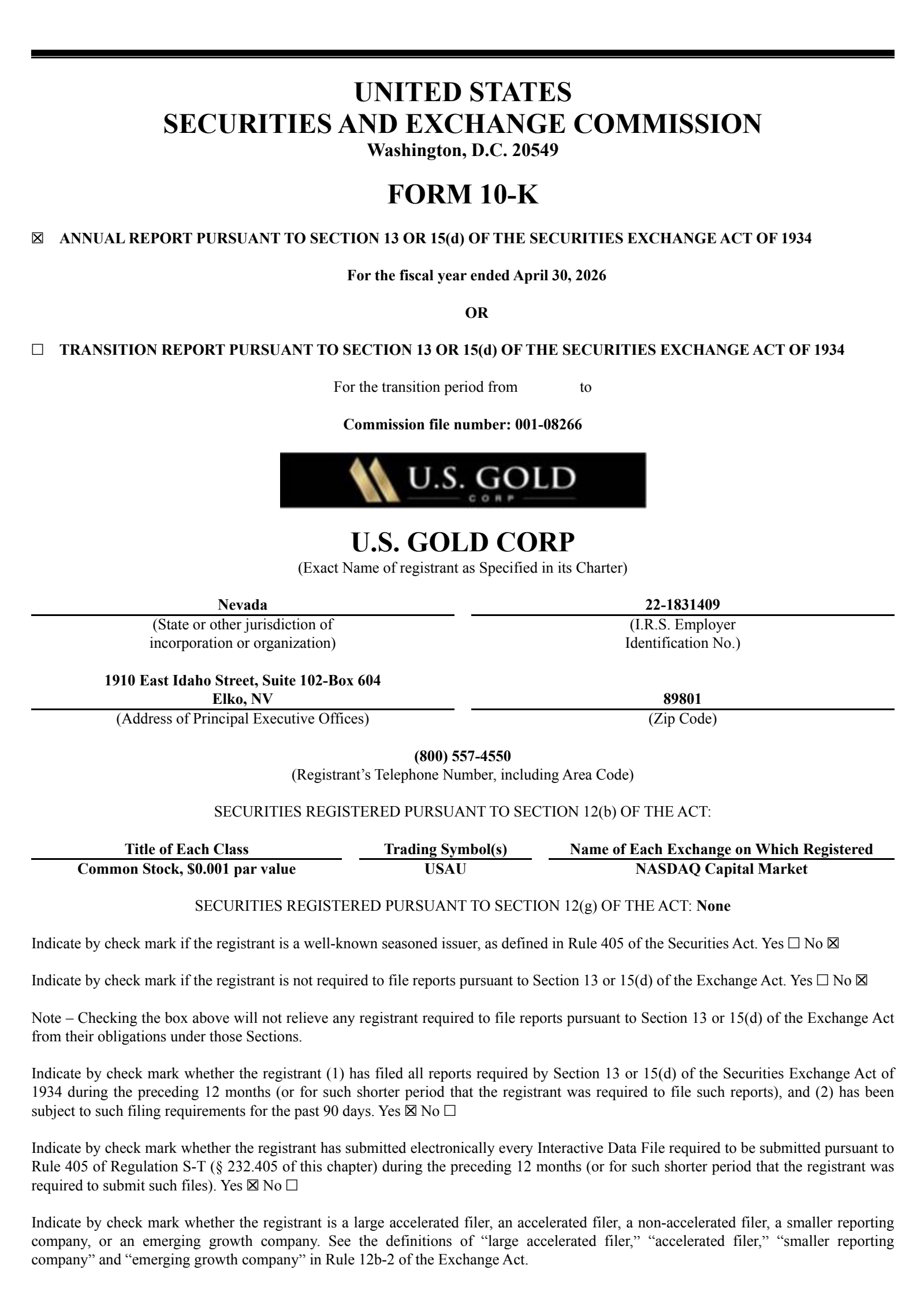 US Gold's Q4 2026 Annual report