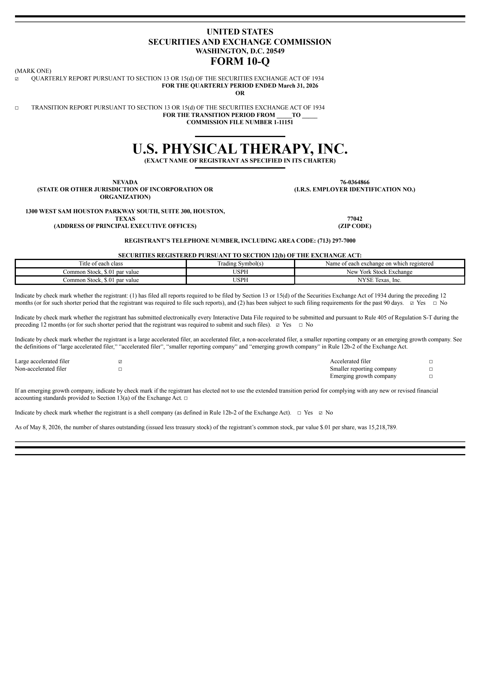 U.S. Physical Therapy's Q1 2026 Quarterly report