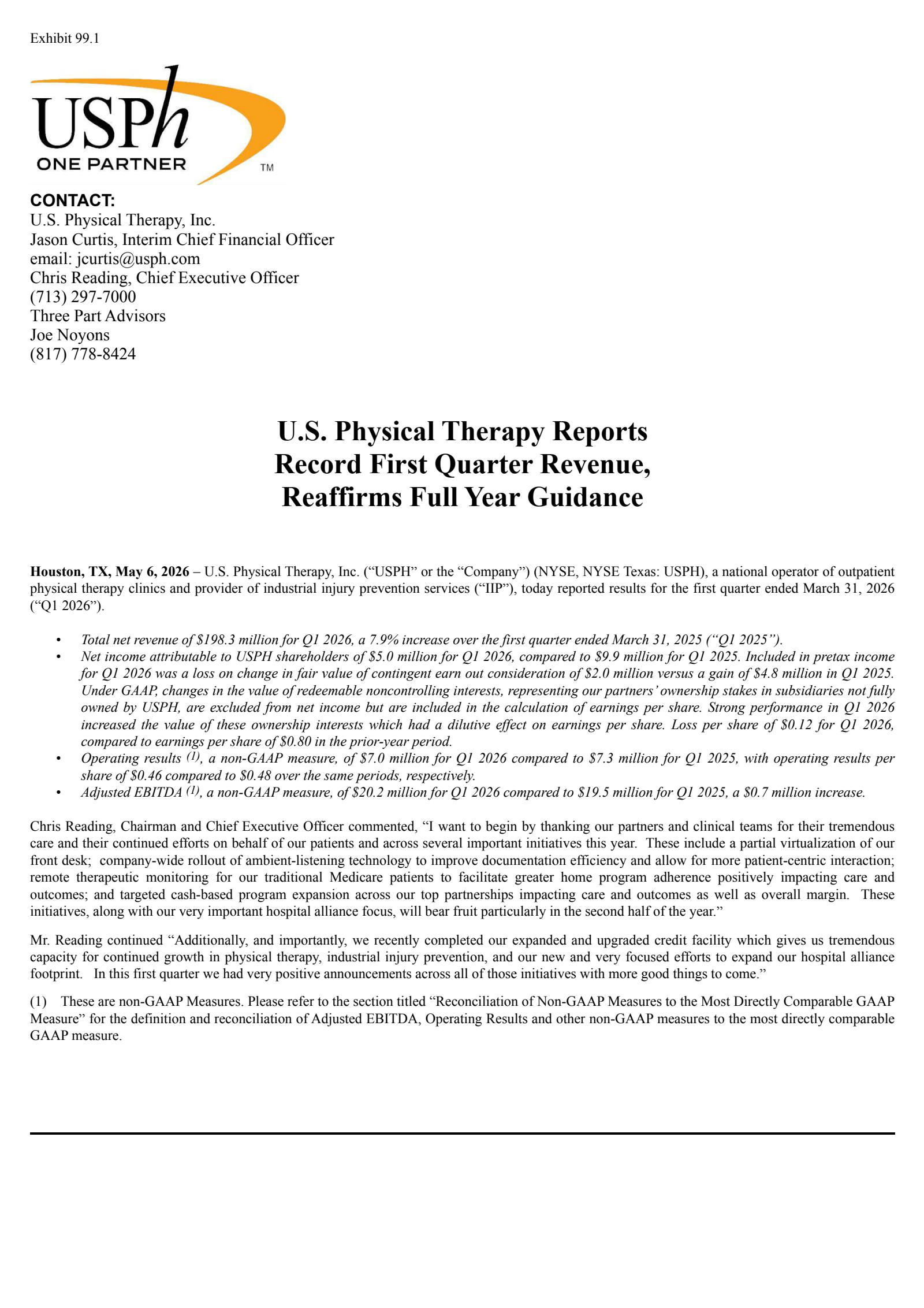 U.S. Physical Therapy's Q1 2026 Press Release