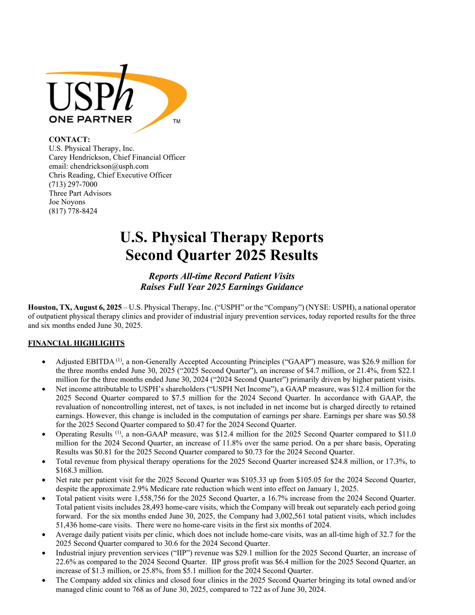 U.S. Physical Therapy's Q2 2025 Press Release