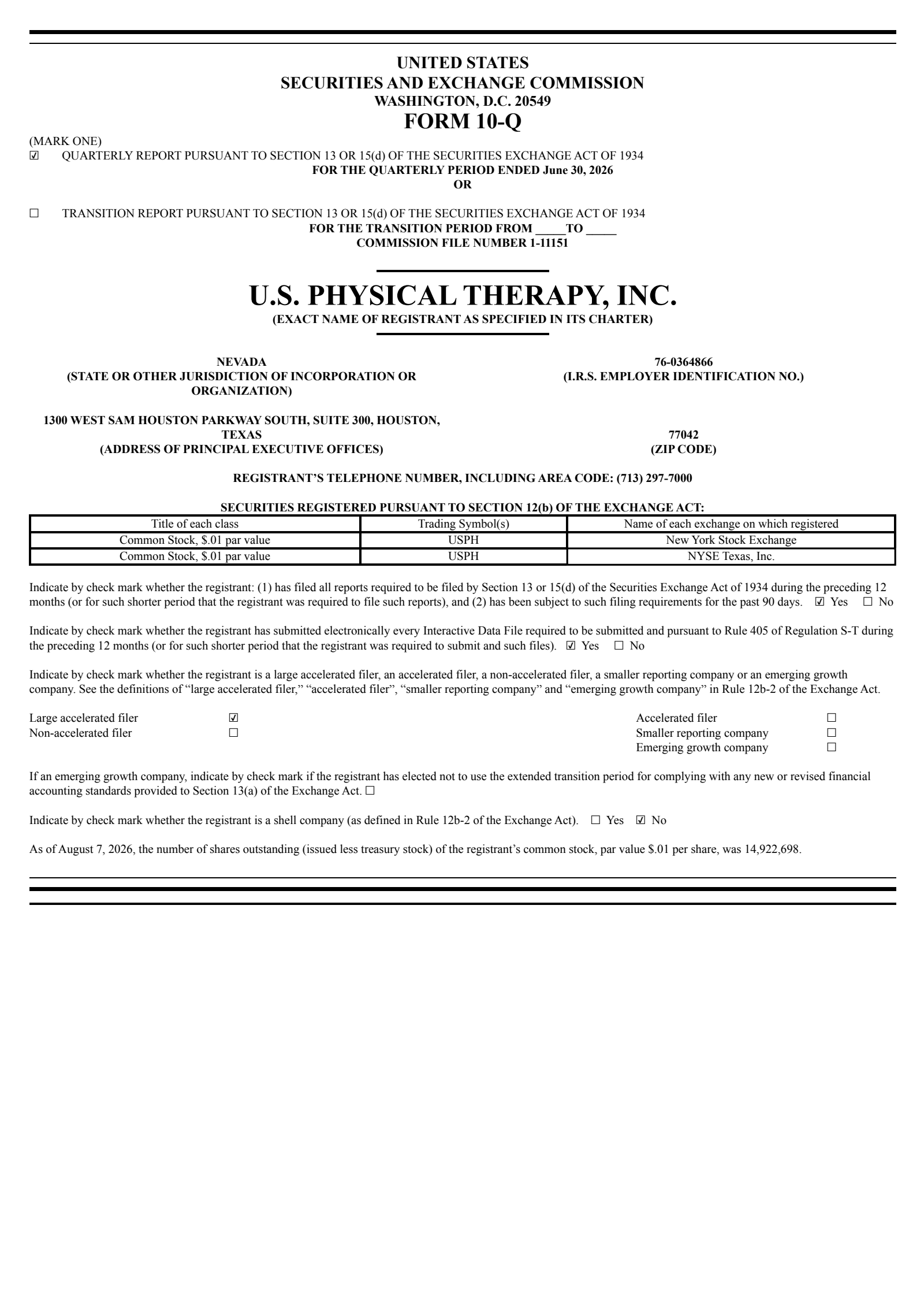 U.S. Physical Therapy's Q2 2026 Quarterly report