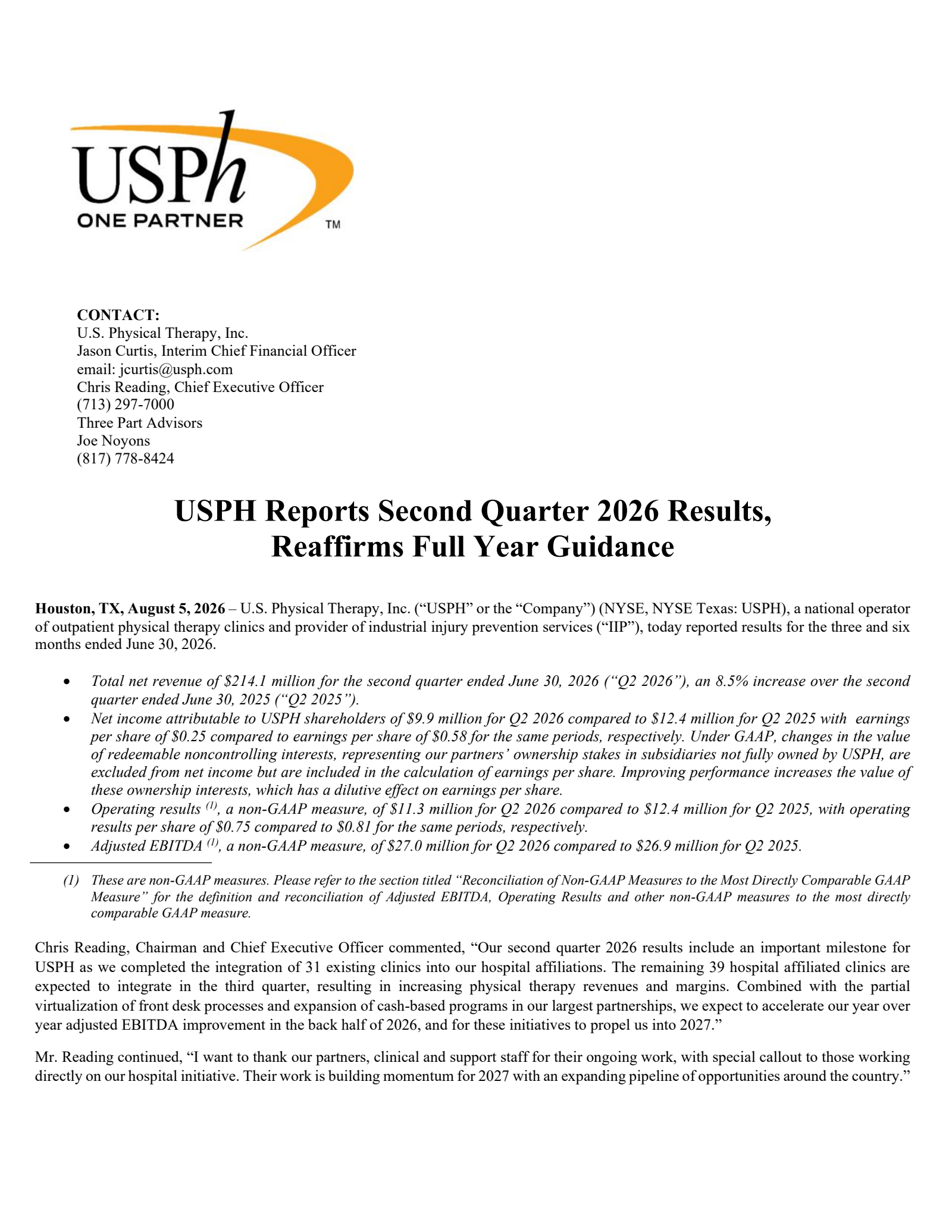 U.S. Physical Therapy's Q2 2026 Press Release