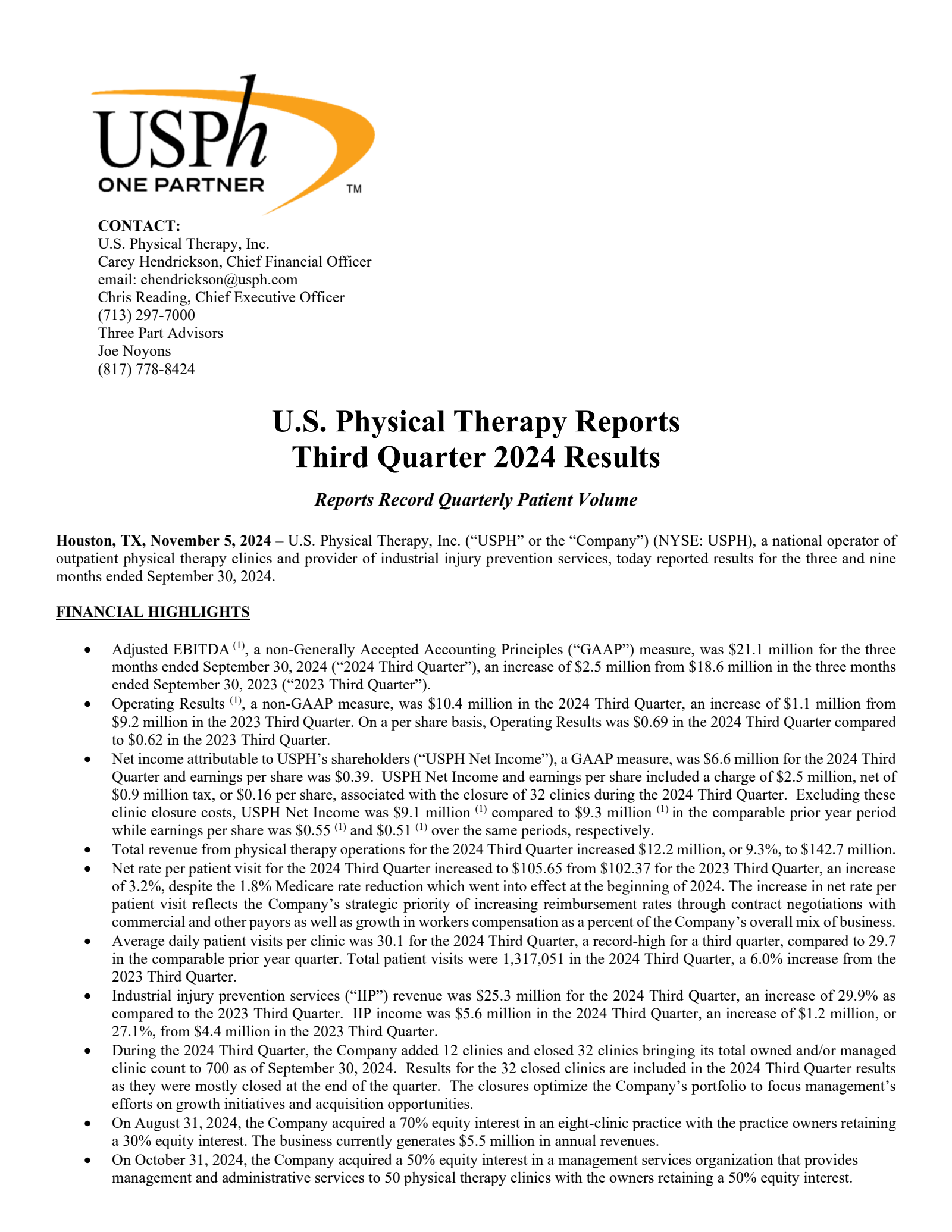 U.S. Physical Therapy's Q3 2024 Press Release