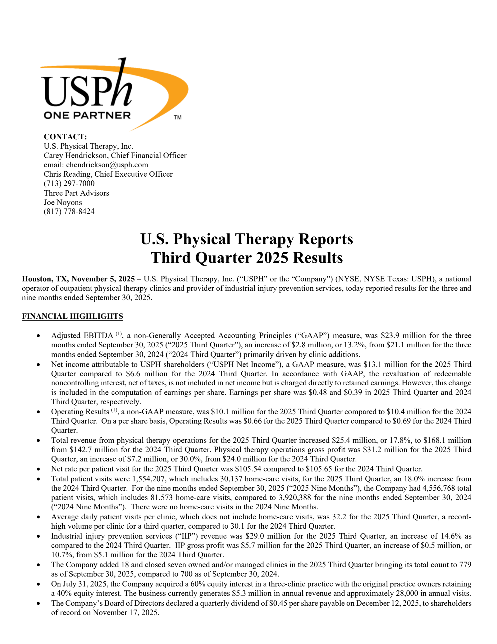 U.S. Physical Therapy's Q3 2025 Earnings Release