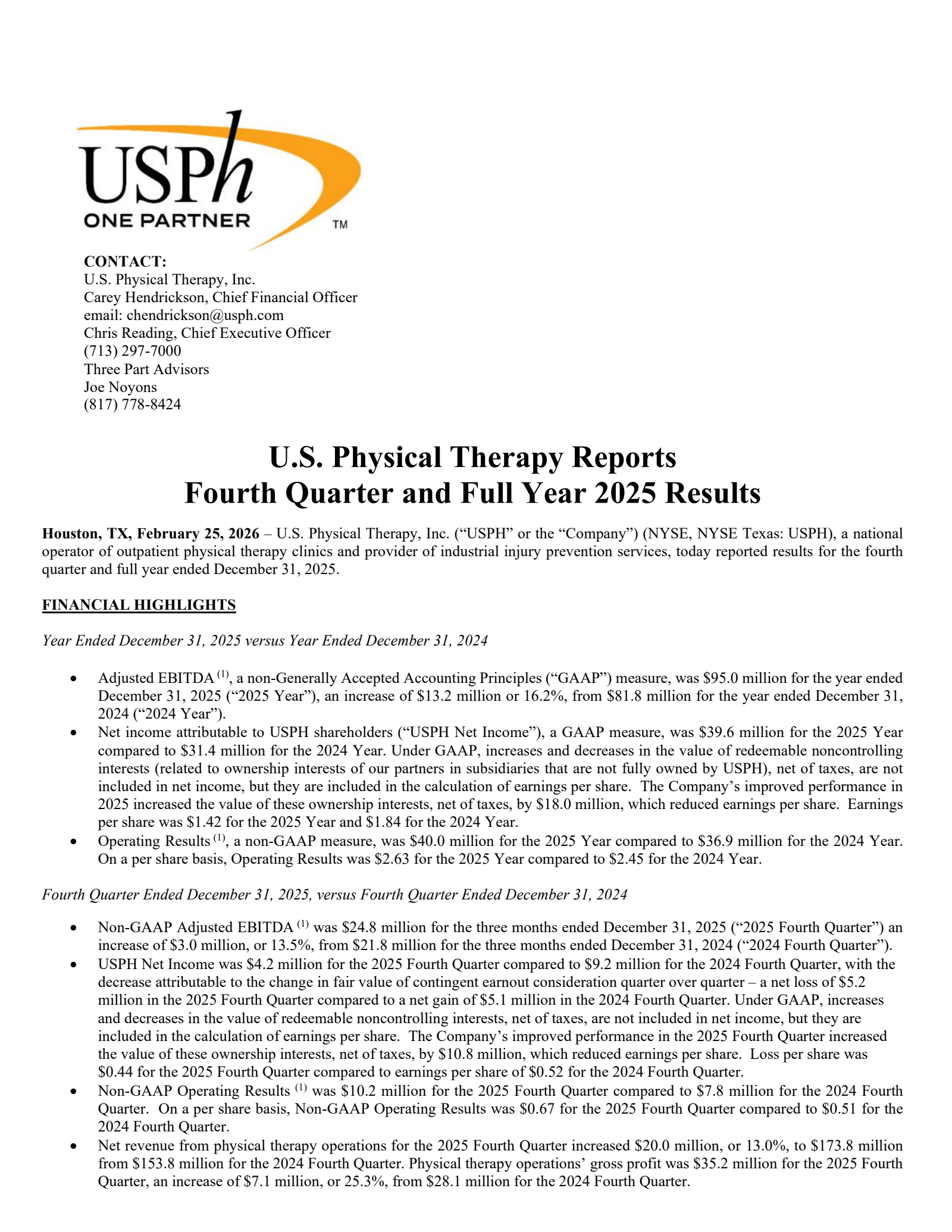 U.S. Physical Therapy's Q4 2025 Press Release