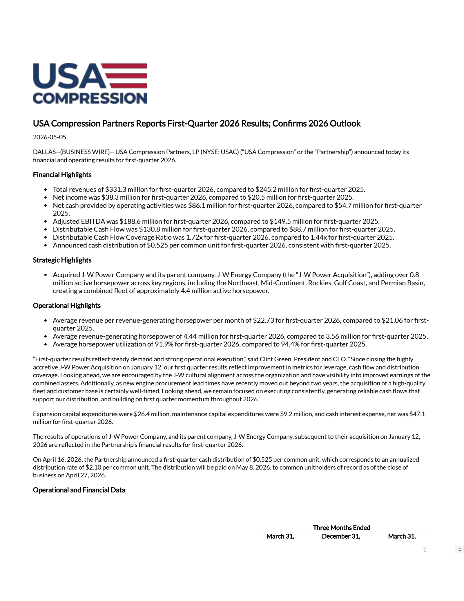 USA Compression Partners' Q1 2026 Press Release