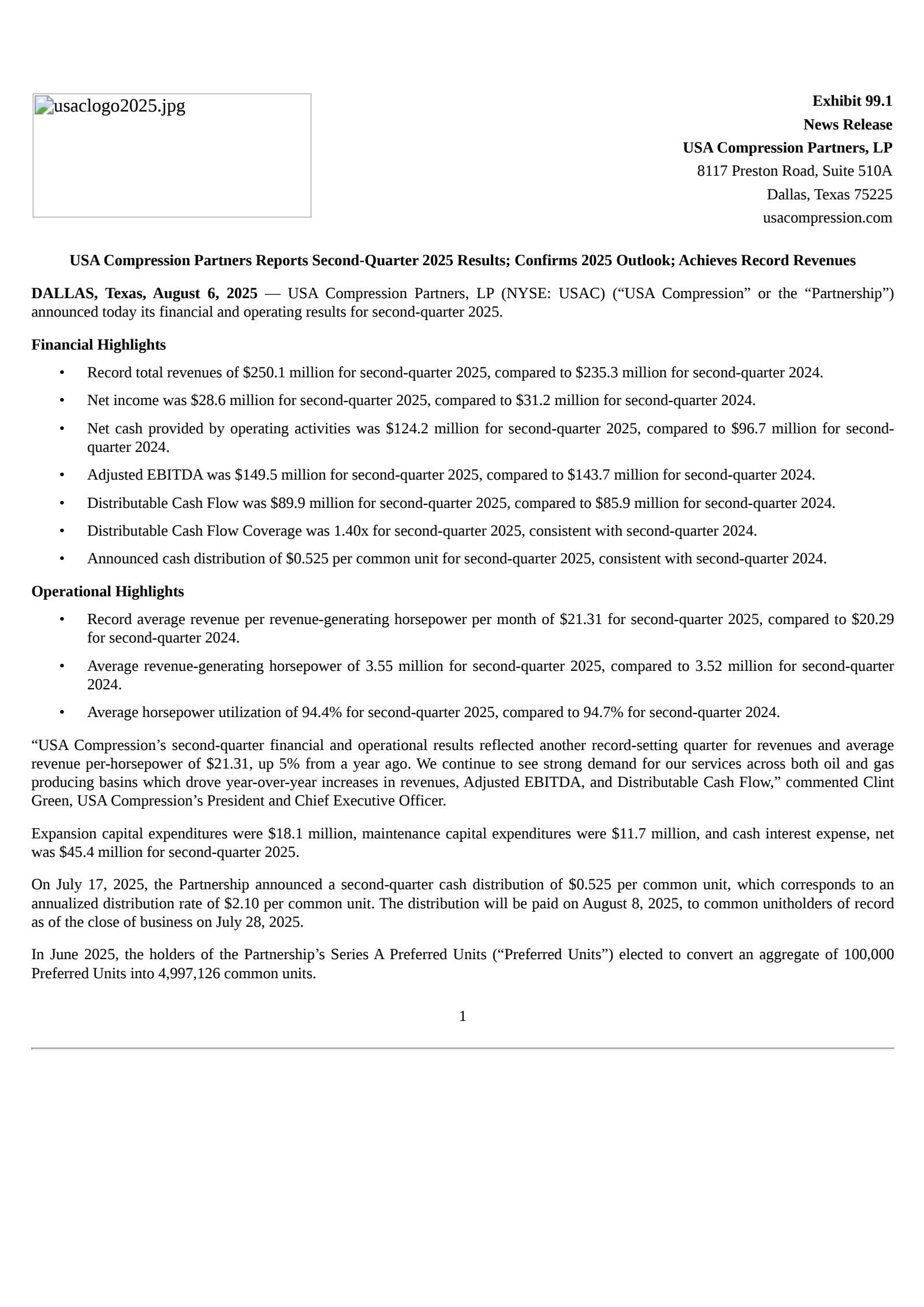 USA Compression Partners' Q2 2025 Press Release