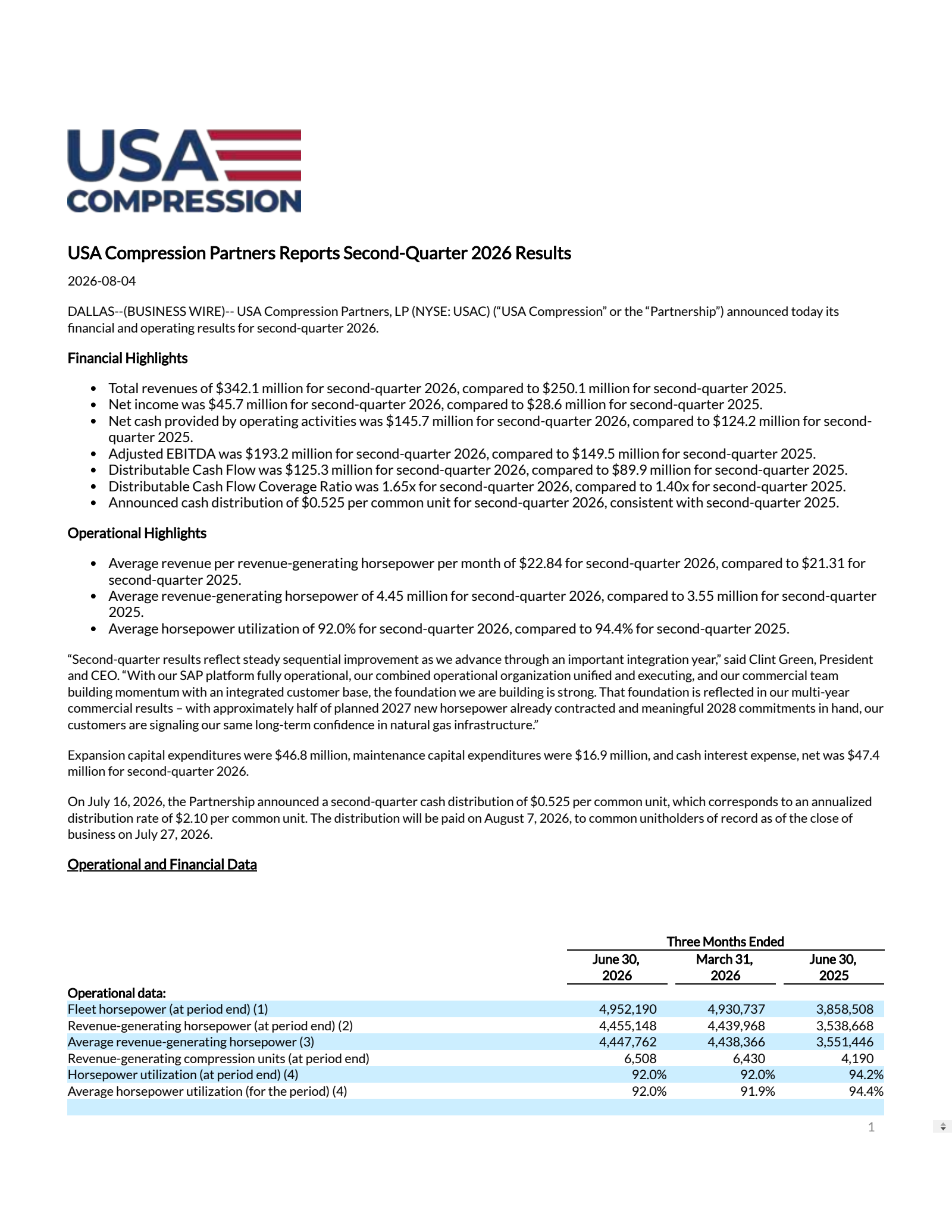 USA Compression Partners' Q2 2026 Press Release