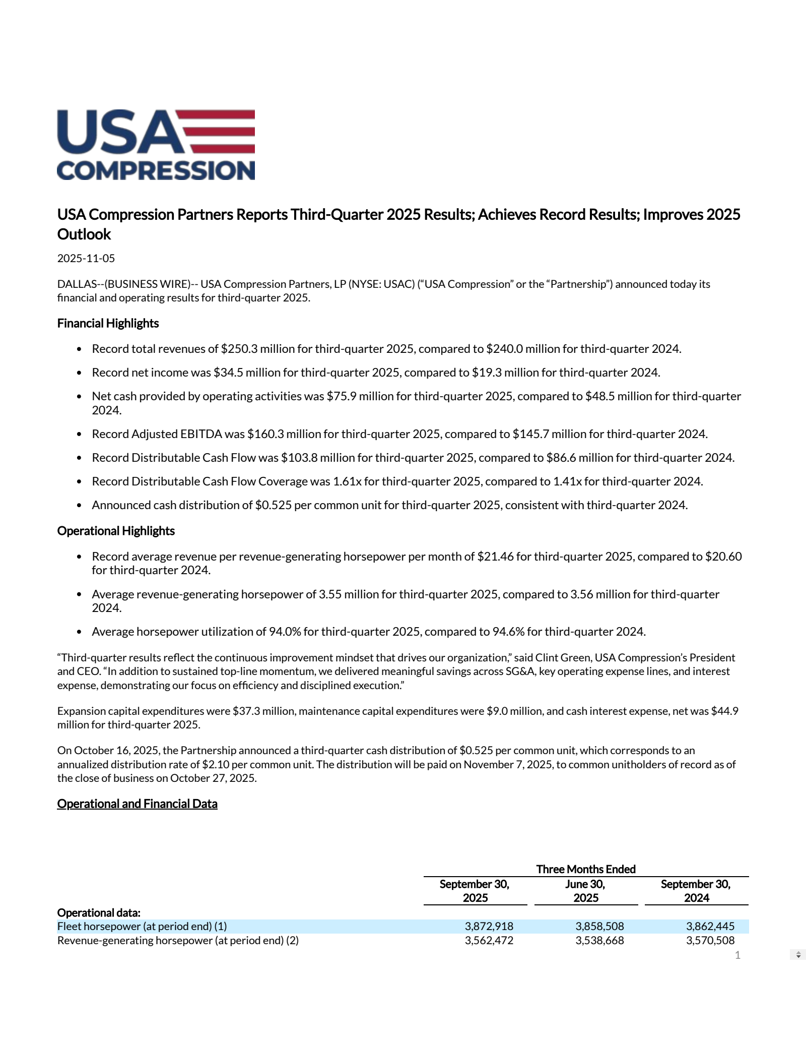 USA Compression Partners' Q3 2025 Earnings Release