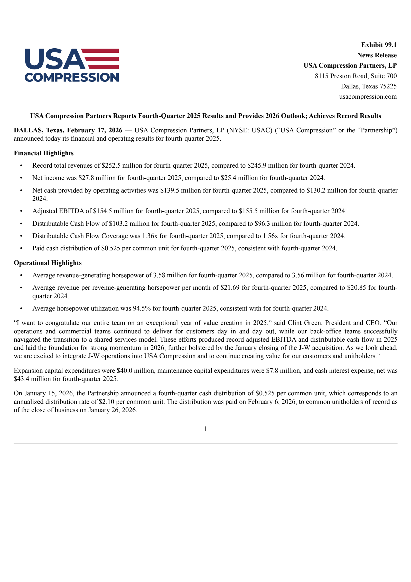 USA Compression Partners' Q4 2025 Press Release