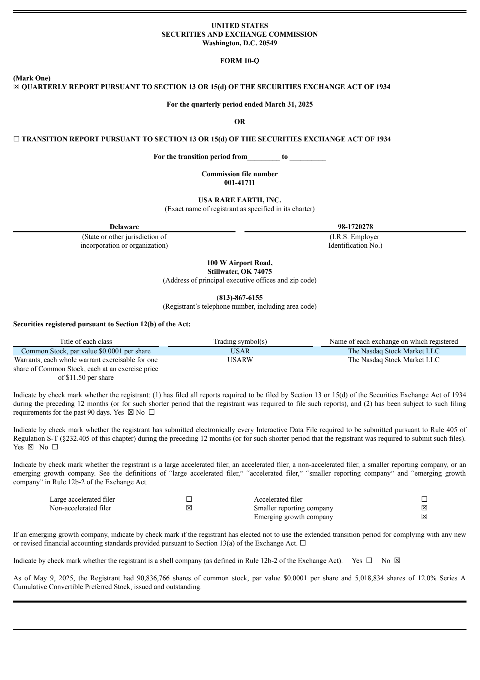 USA Rare Earth's Q1 2025 Quarterly Report