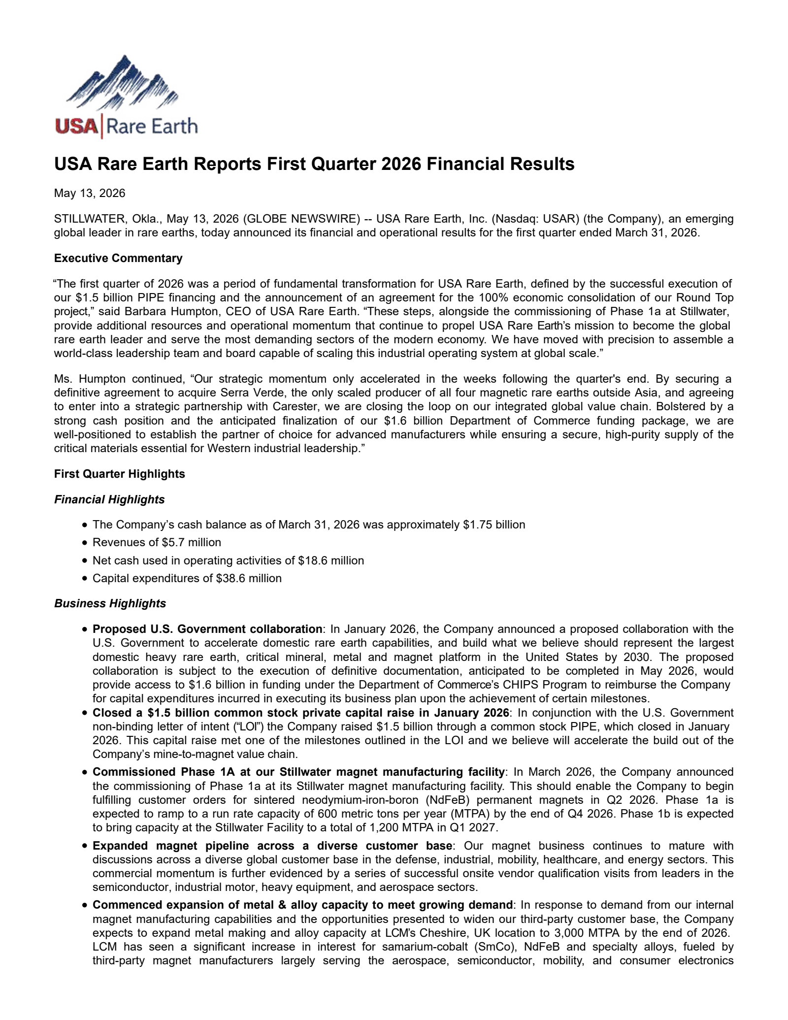 USA Rare Earth's Q1 2026 Press Release
