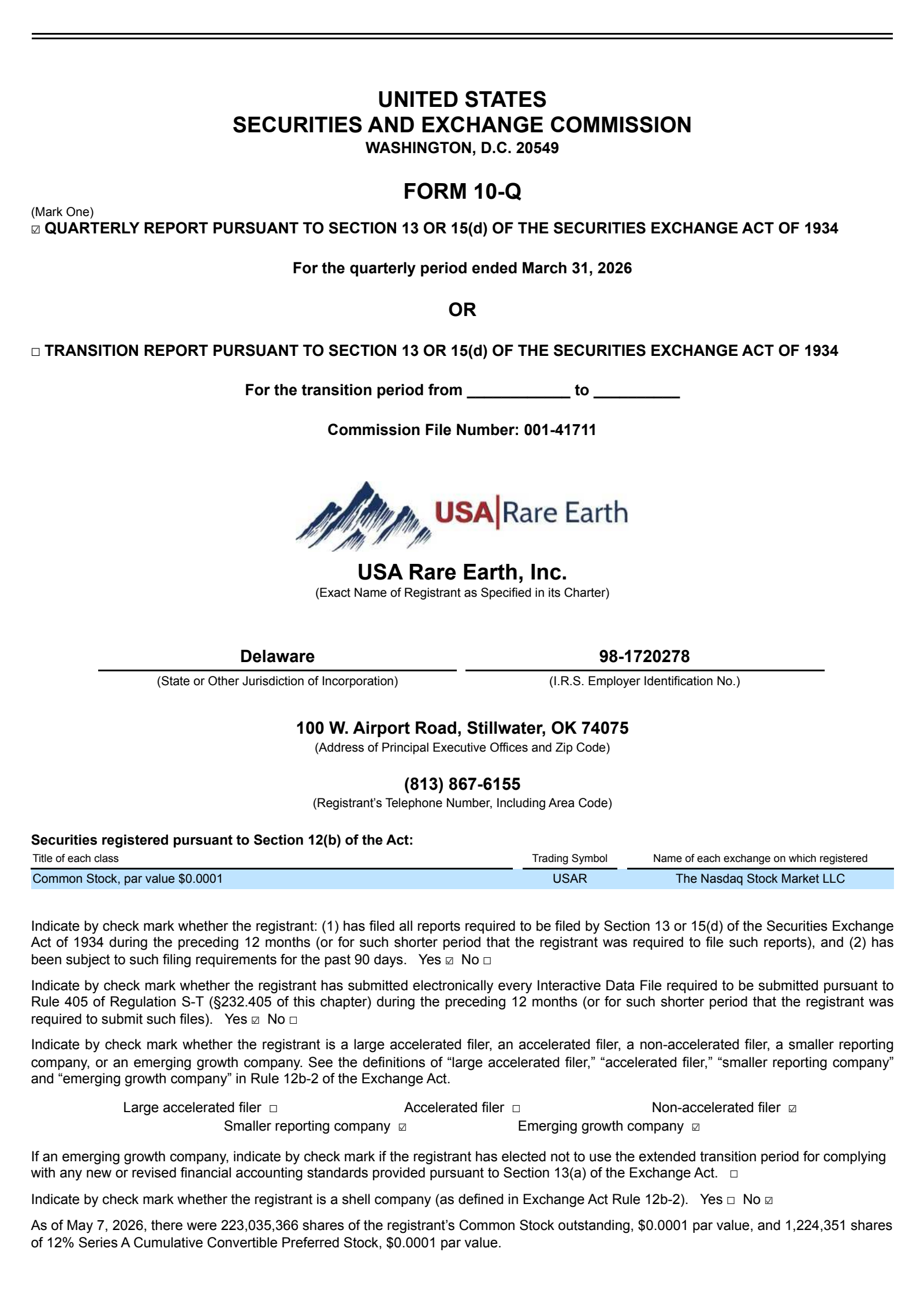 USA Rare Earth's Q1 2026 Quarterly report