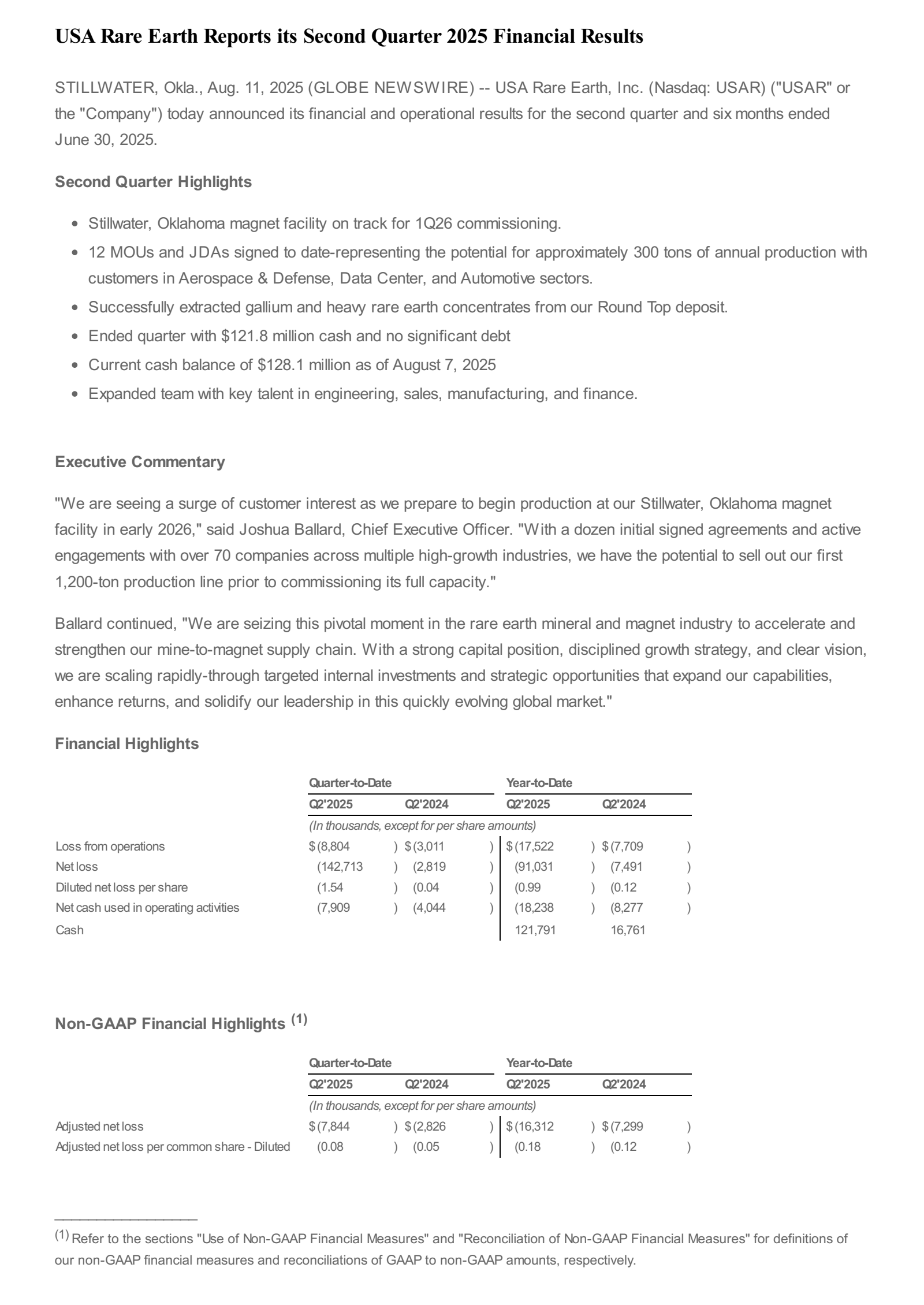 USA Rare Earth's Q2 2025 Press Release