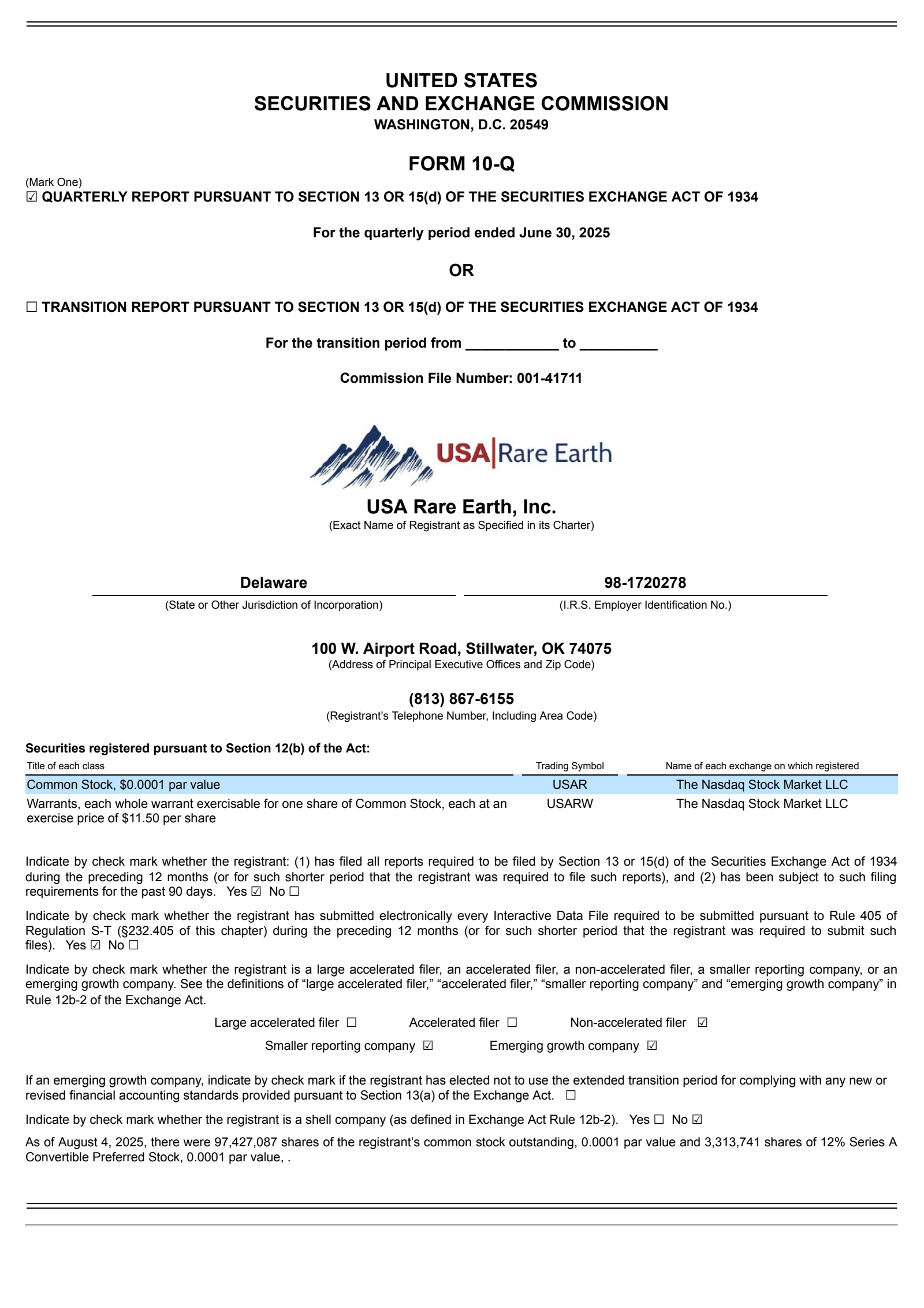 USA Rare Earth's Q2 2025 Quarterly Report
