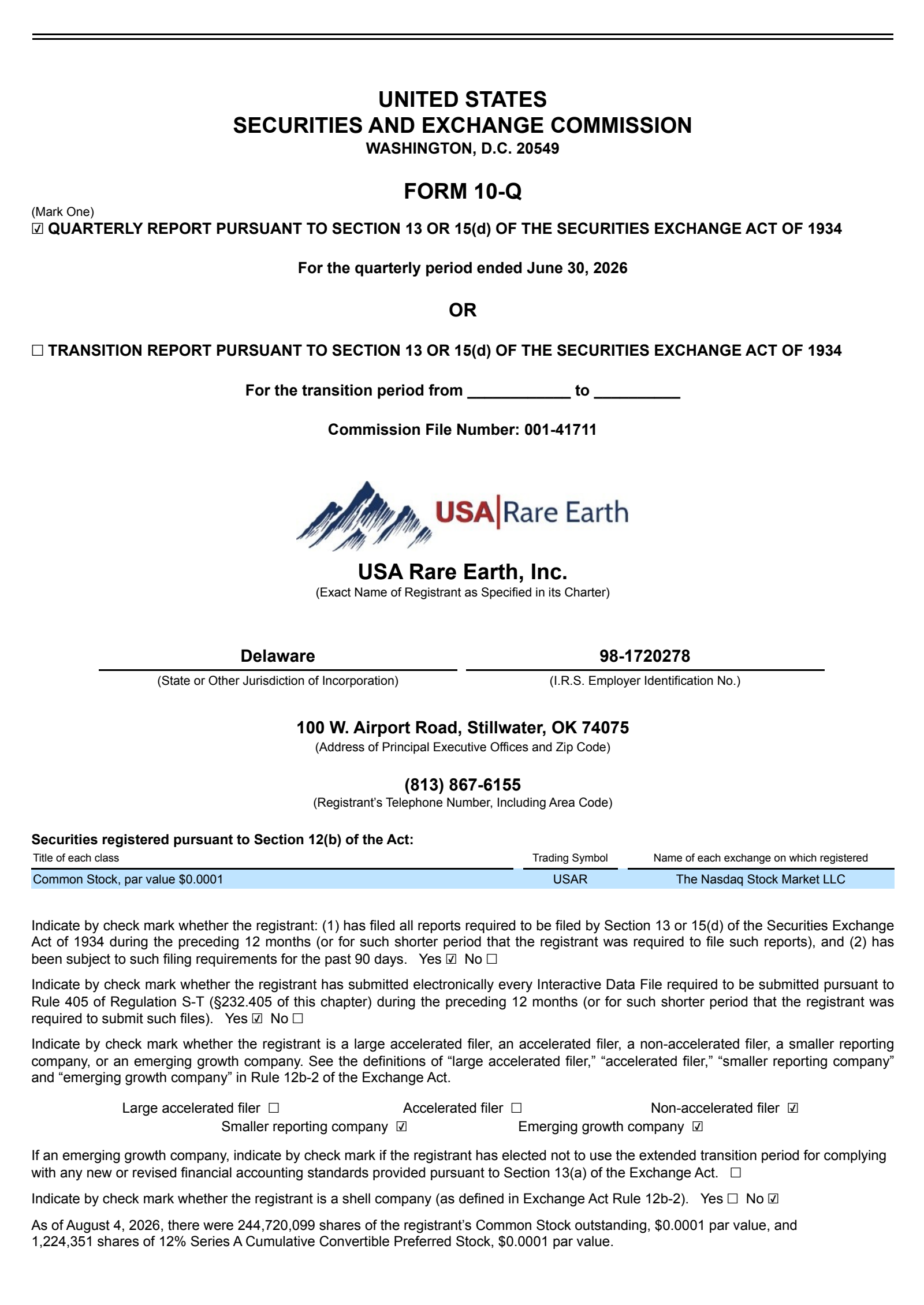 USA Rare Earth's Q2 2026 Quarterly report