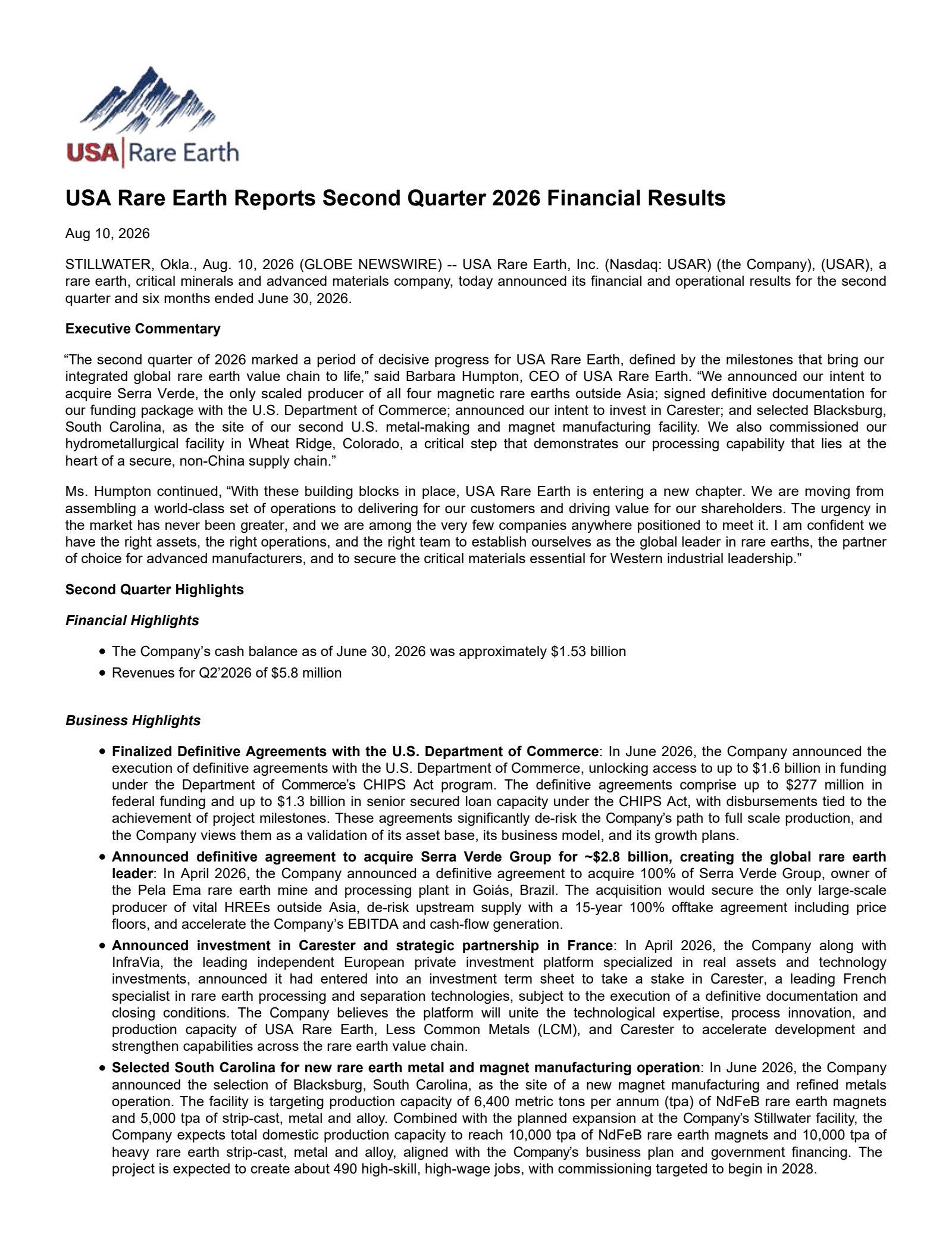 USA Rare Earth's Q2 2026 Press Release