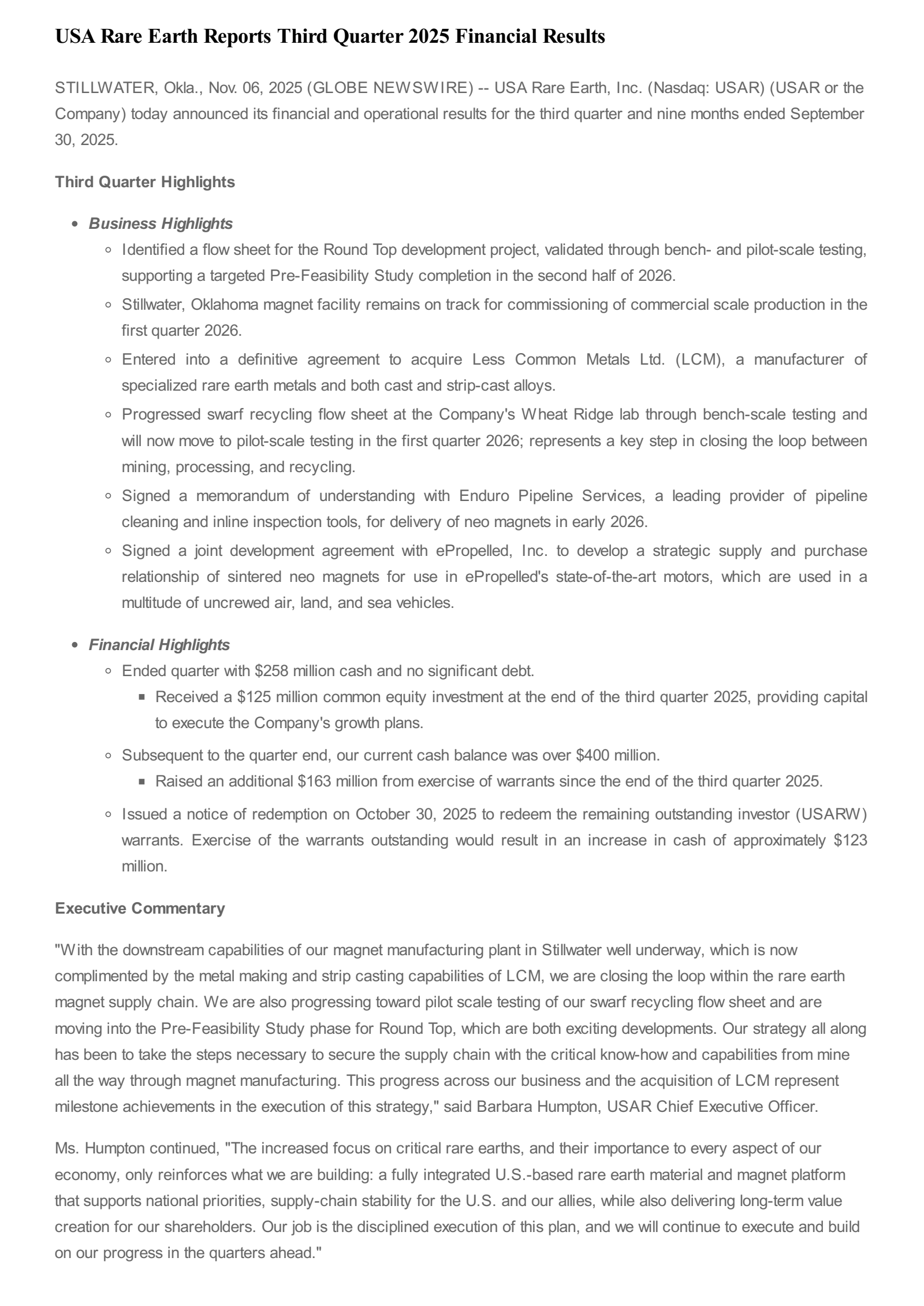 USA Rare Earth's Q3 2025 Earnings Release