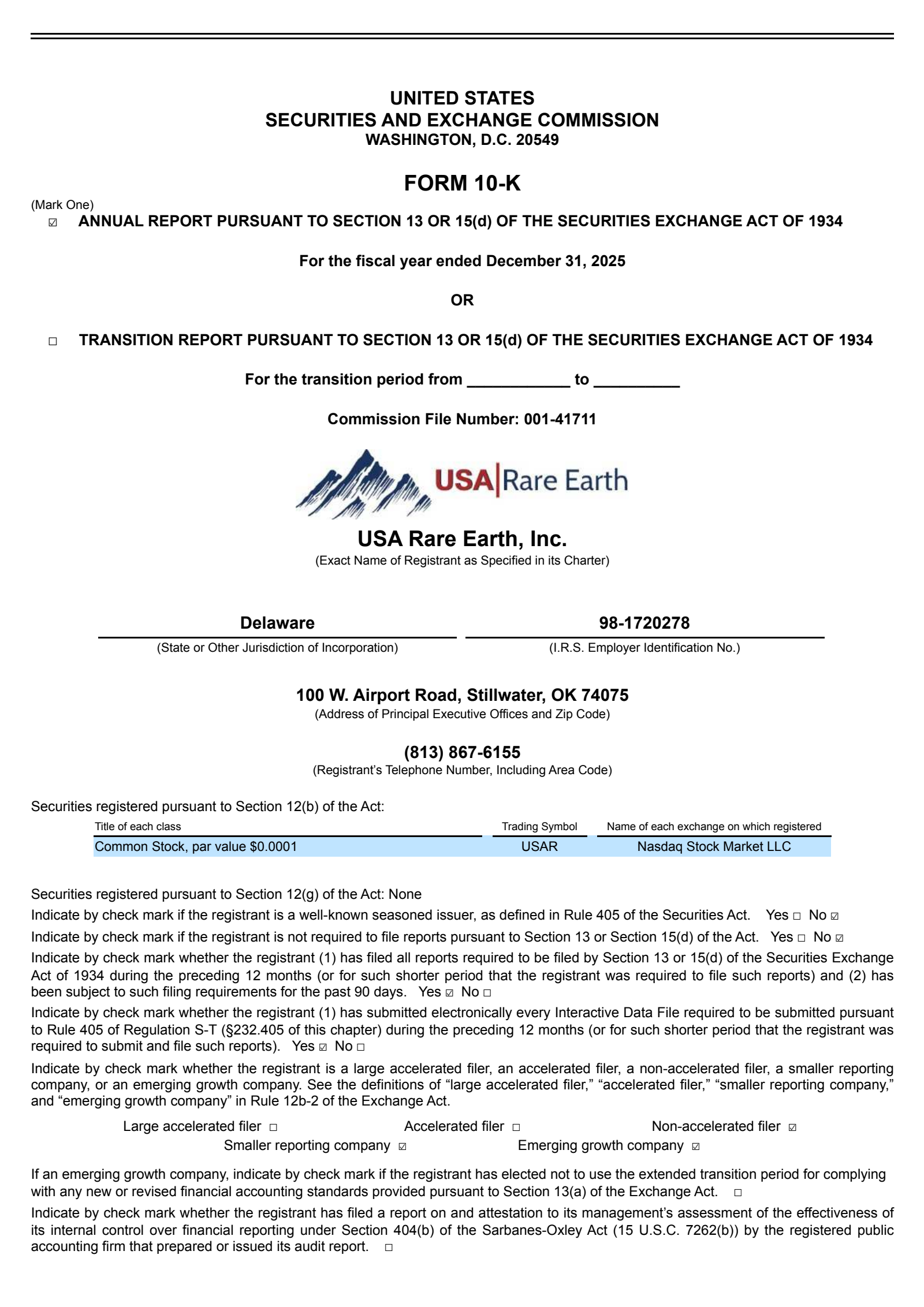 USA Rare Earth's Q4 2025 Annual report