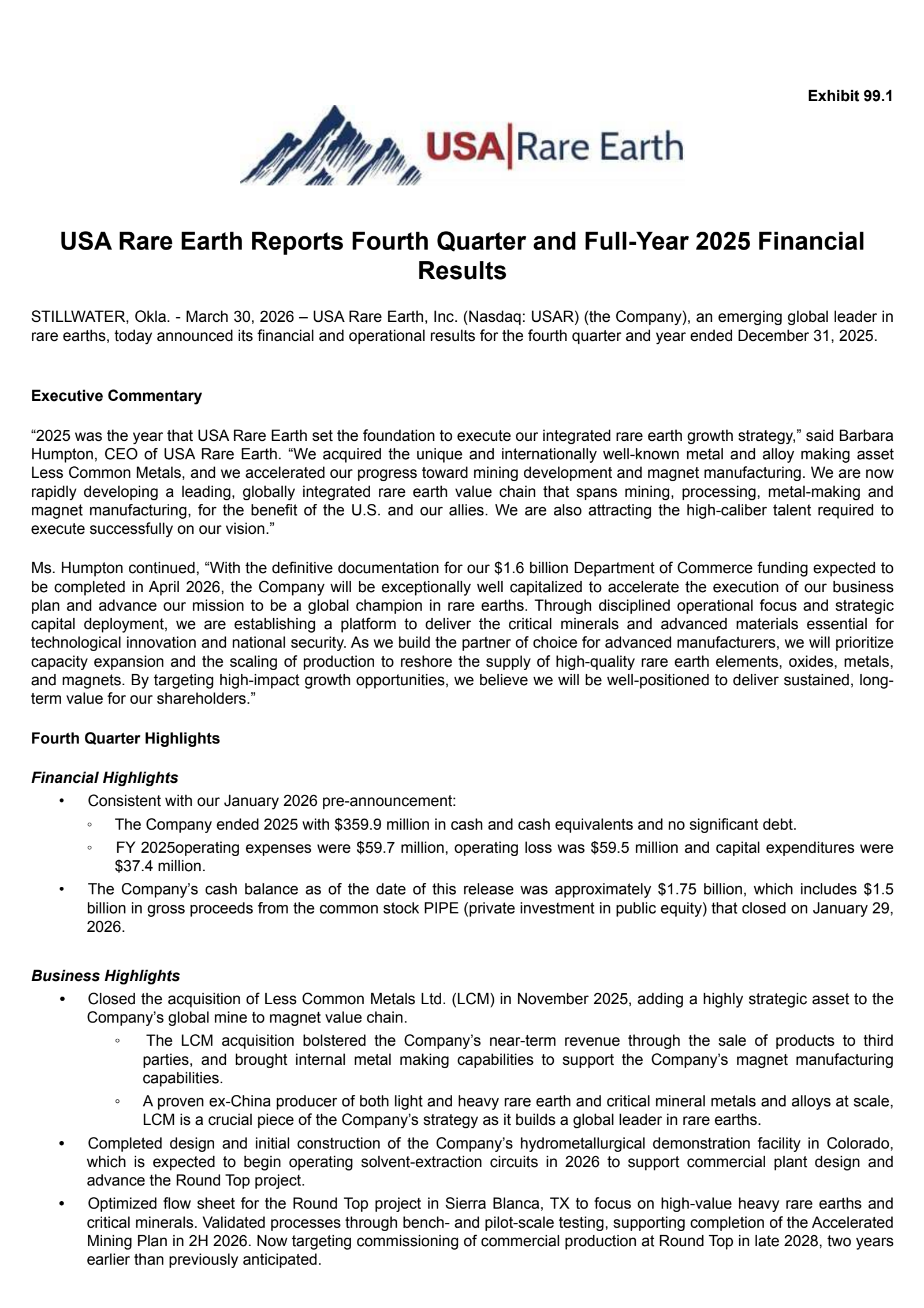USA Rare Earth's Q4 2025 Press Release