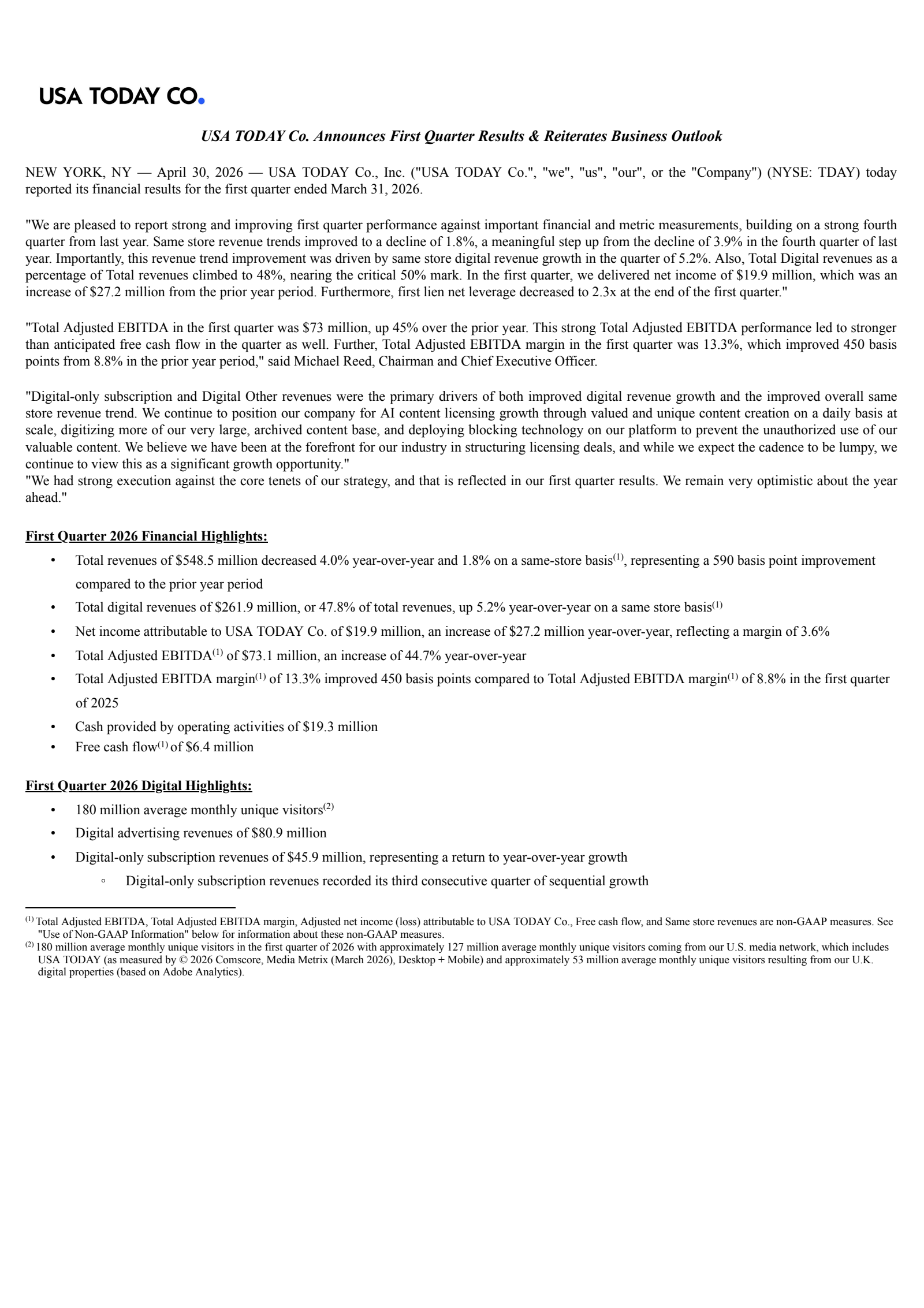 USA Today's Q1 2026 Press Release