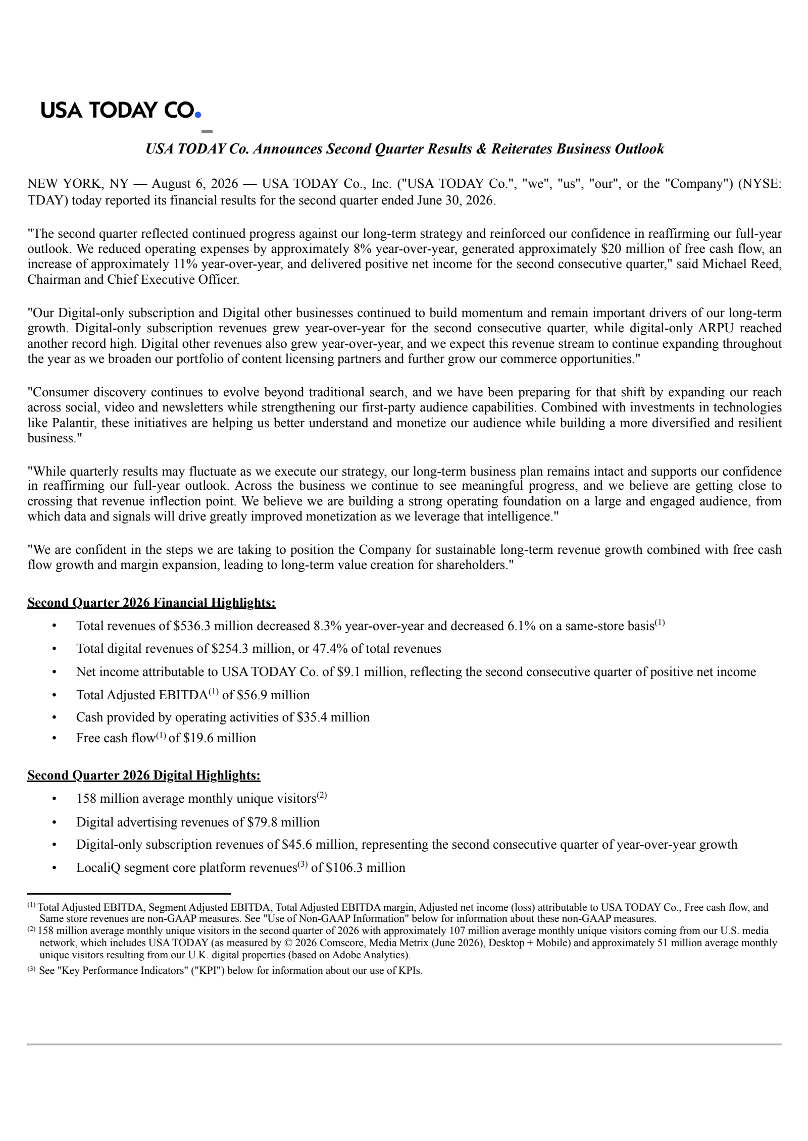 USA Today's Q2 2026 Press Release