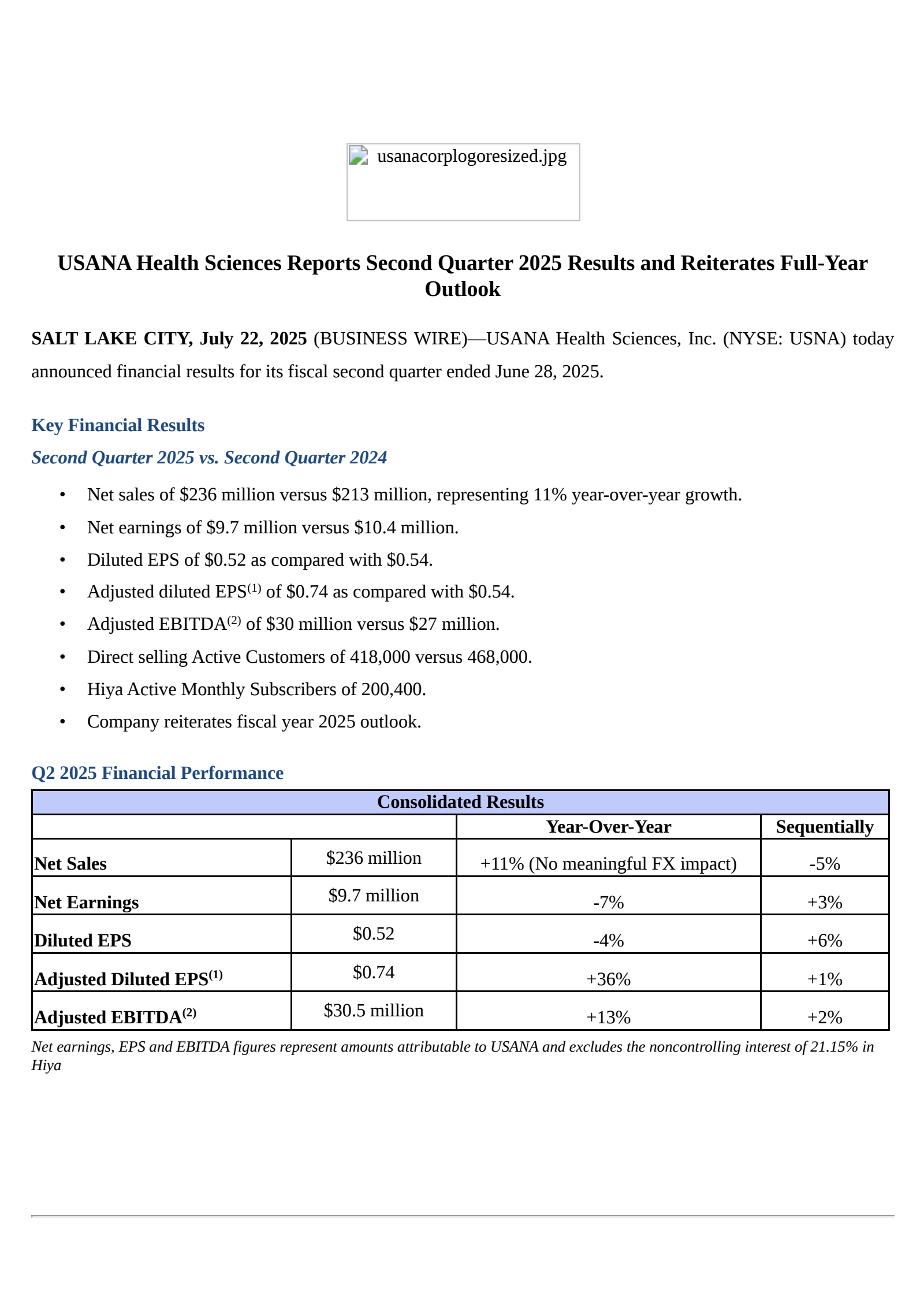 USANA Health Sciences' Q2 2025 Press Release