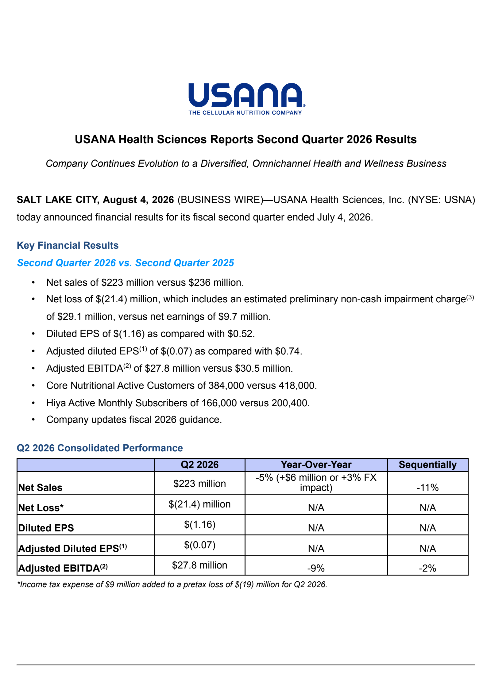 USANA Health Sciences' Q2 2026 Press Release