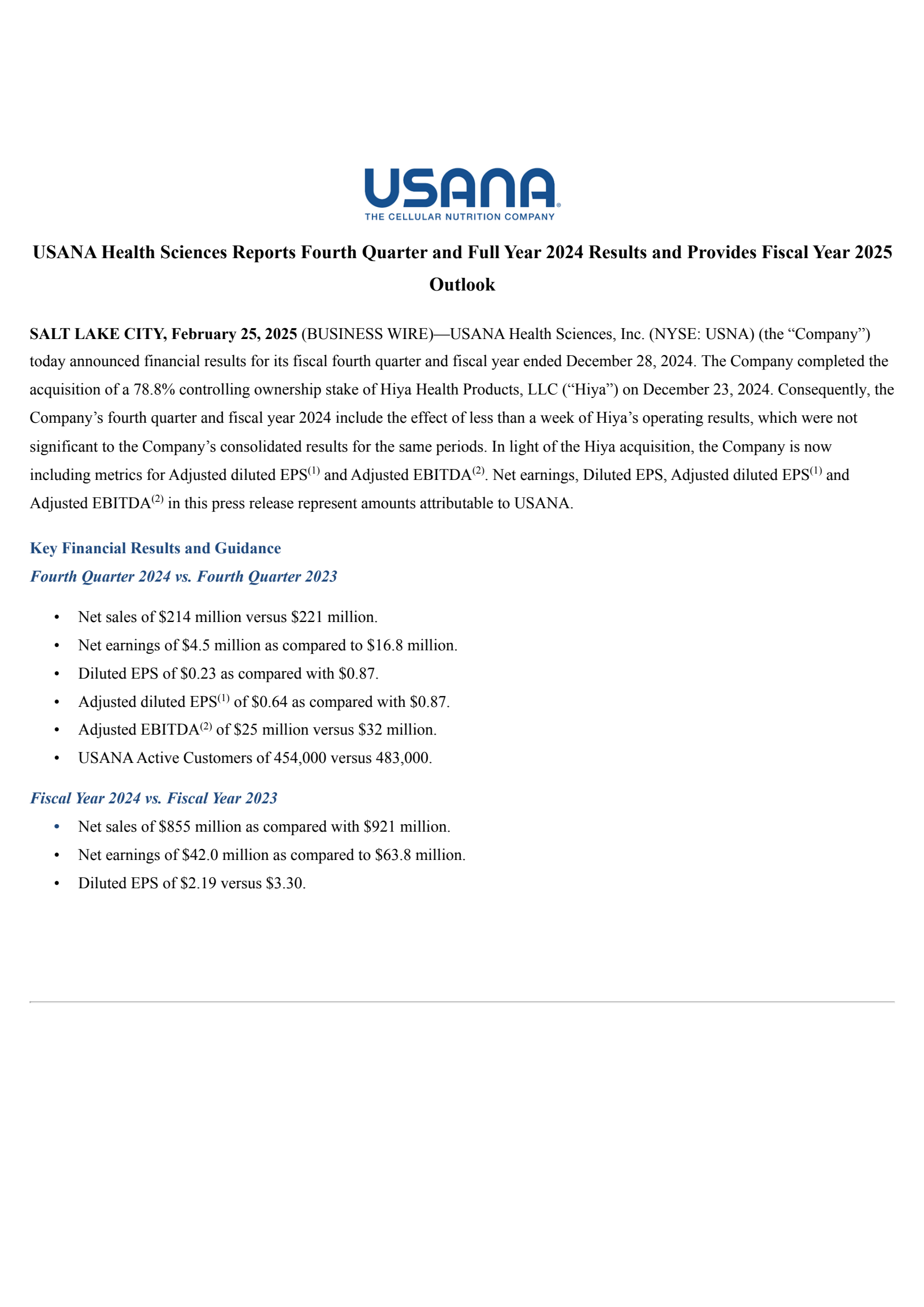 USANA Health Sciences' Q4 2024 Press Release