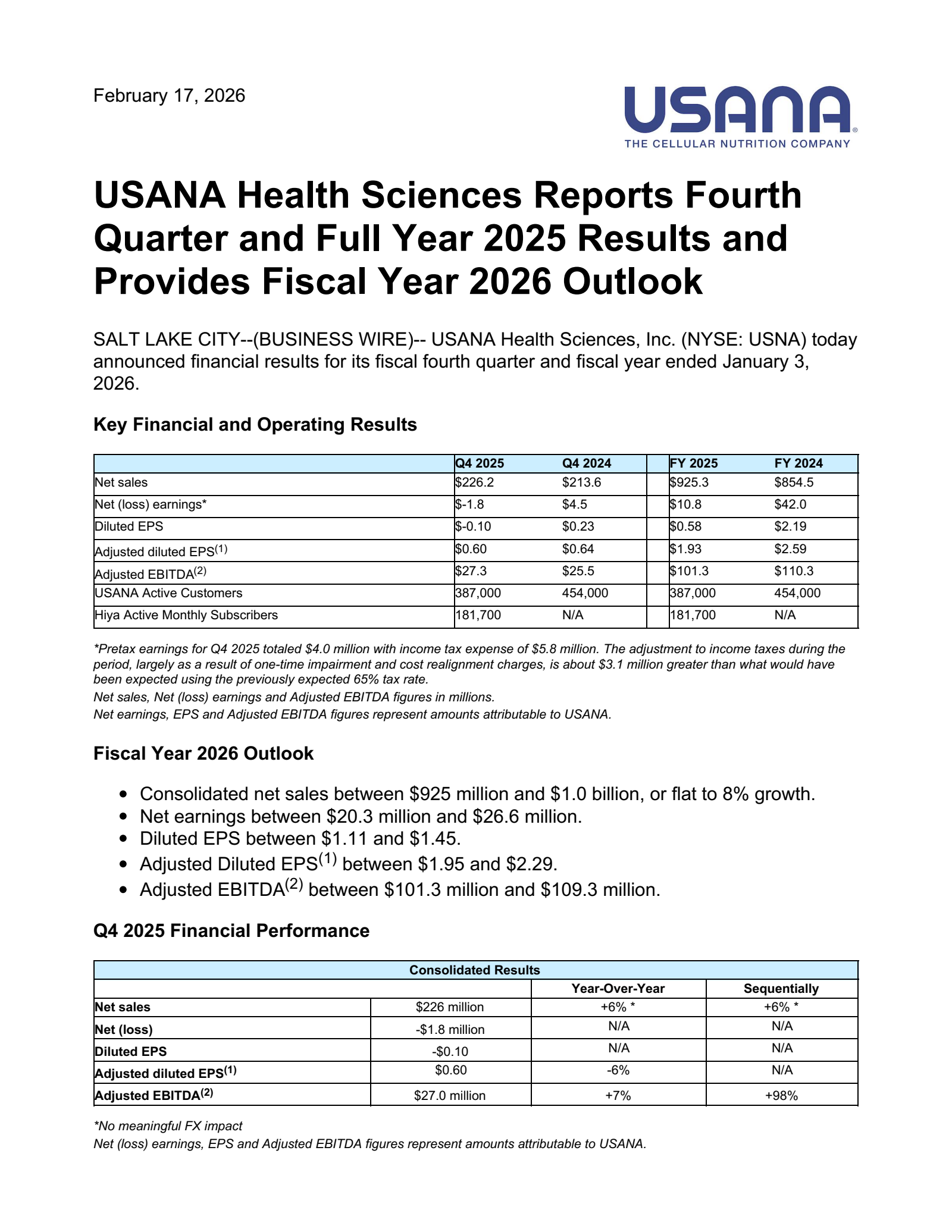 USANA Health Sciences' Q4 2025 Press Release