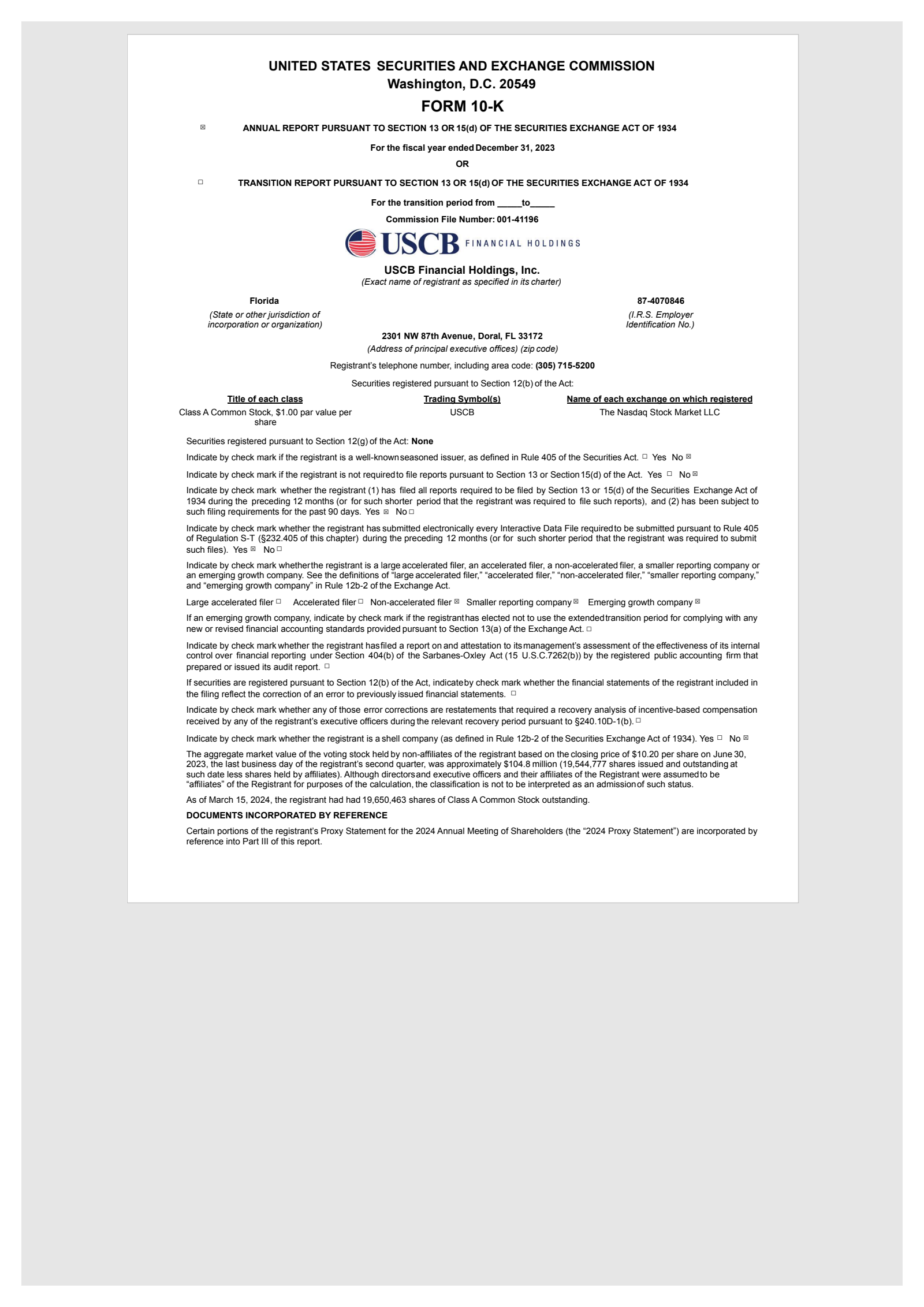 USCB Financial's Q4 2023 Annual report
