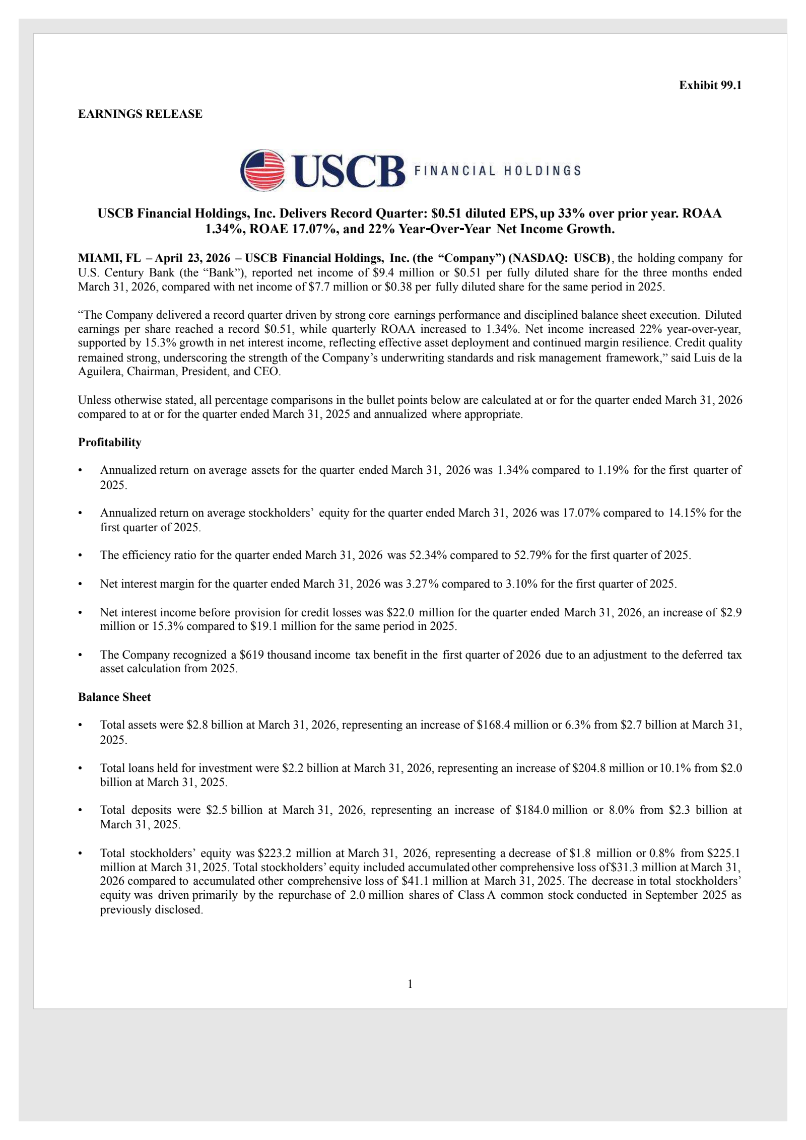 USCB Financial's Q1 2026 Press Release