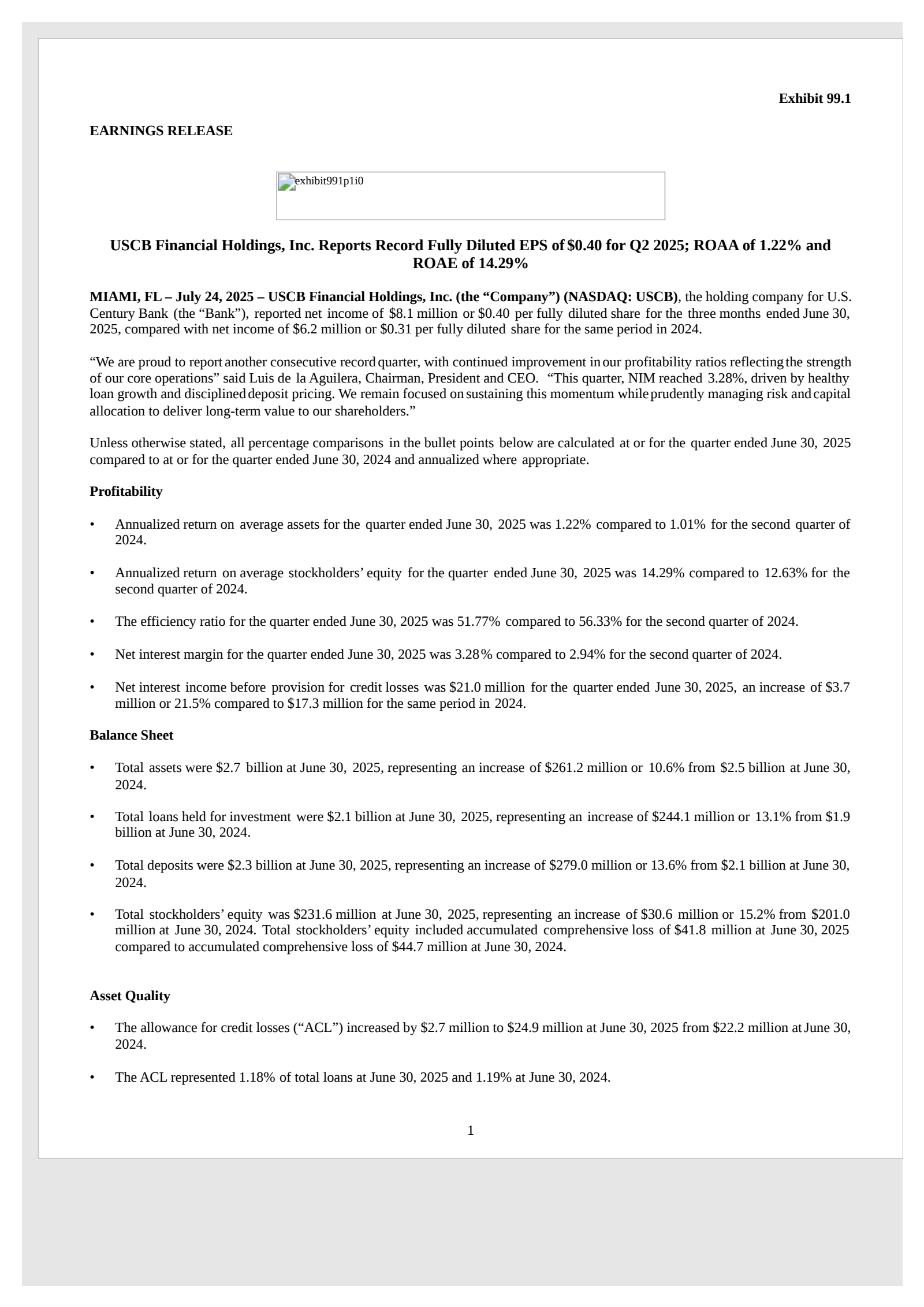 USCB Financial's Q2 2025 Press Release