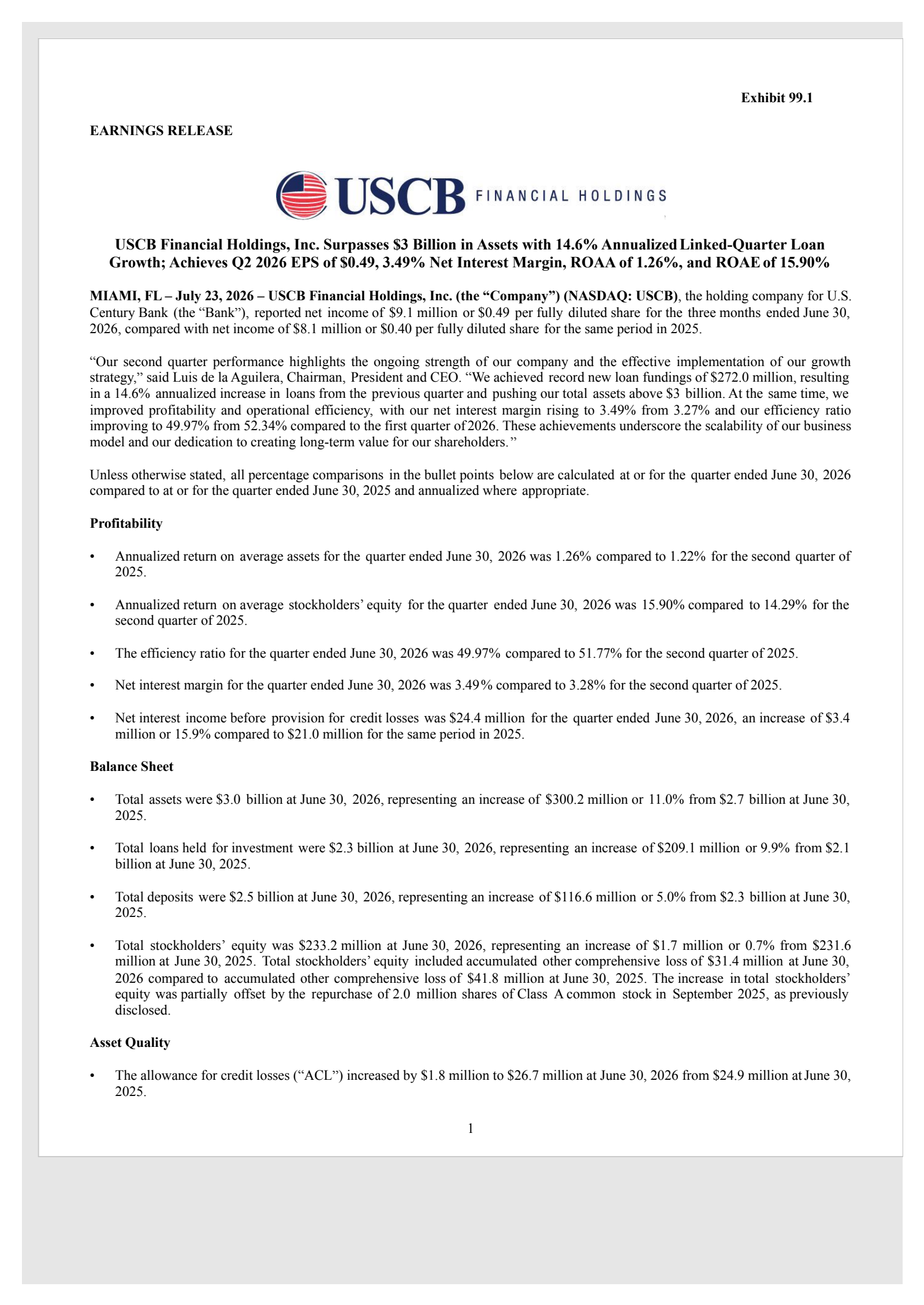 USCB Financial's Q2 2026 Press Release