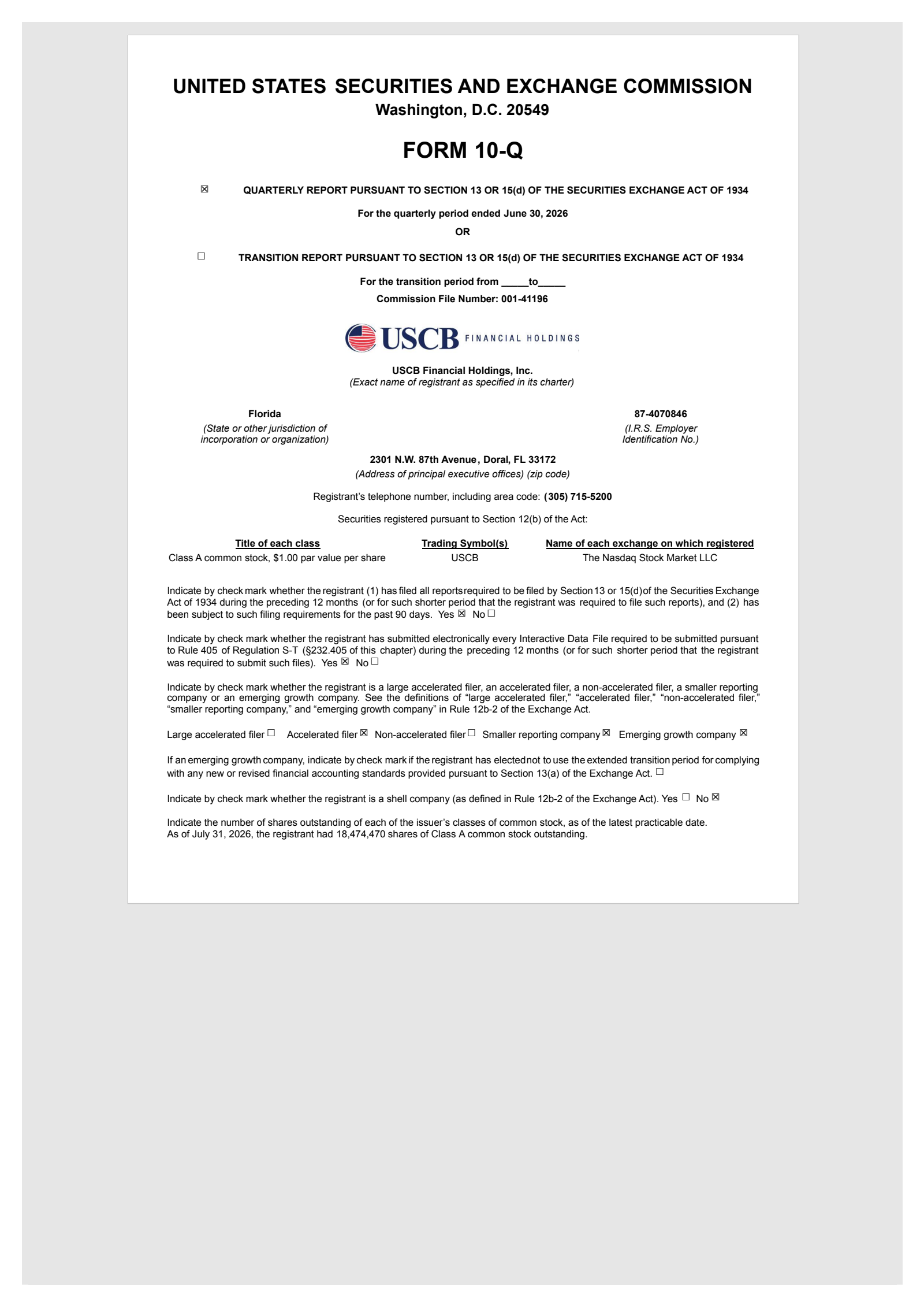 USCB Financial's Q2 2026 Quarterly report